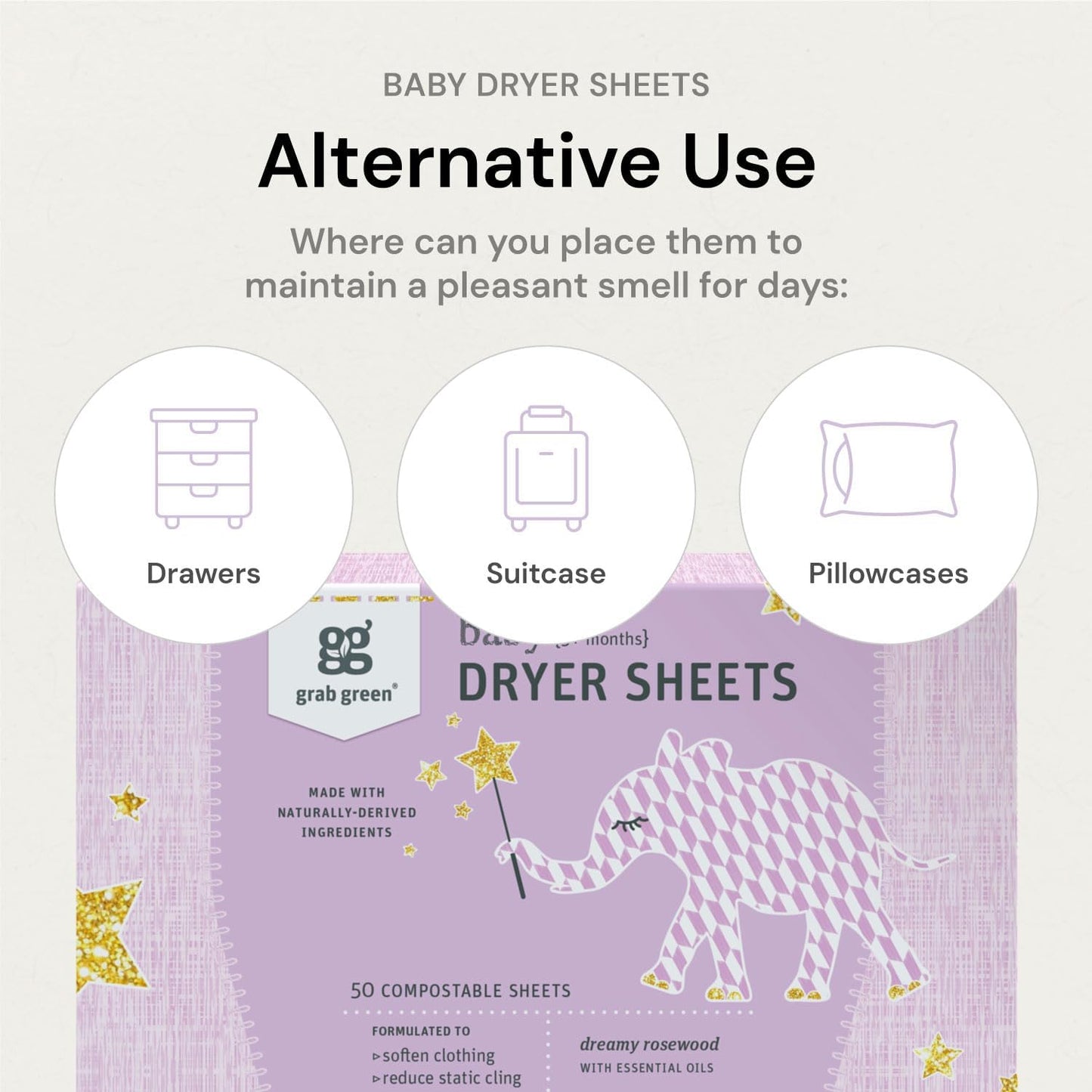 Grab Green Baby Laundry Dryer Sheets, 160 Sheets, Dreamy Rosewood Scent, Plant Based, Softens Clothing and Linens, Reduces Static Cling