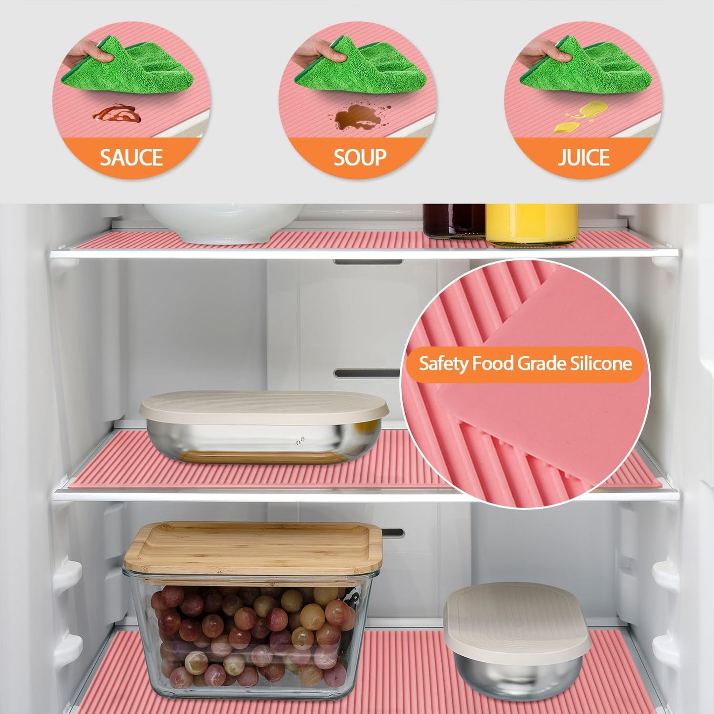 GOYLSER Silicone Refrigerator Liners Fridge Liner and Mat Recyclable, Protect Against Spills Refrigerator Shelf Liners for Glass Shelves, 4Pack Waterproof Drawer Covers Pads, 17.7"x11.8", Pink