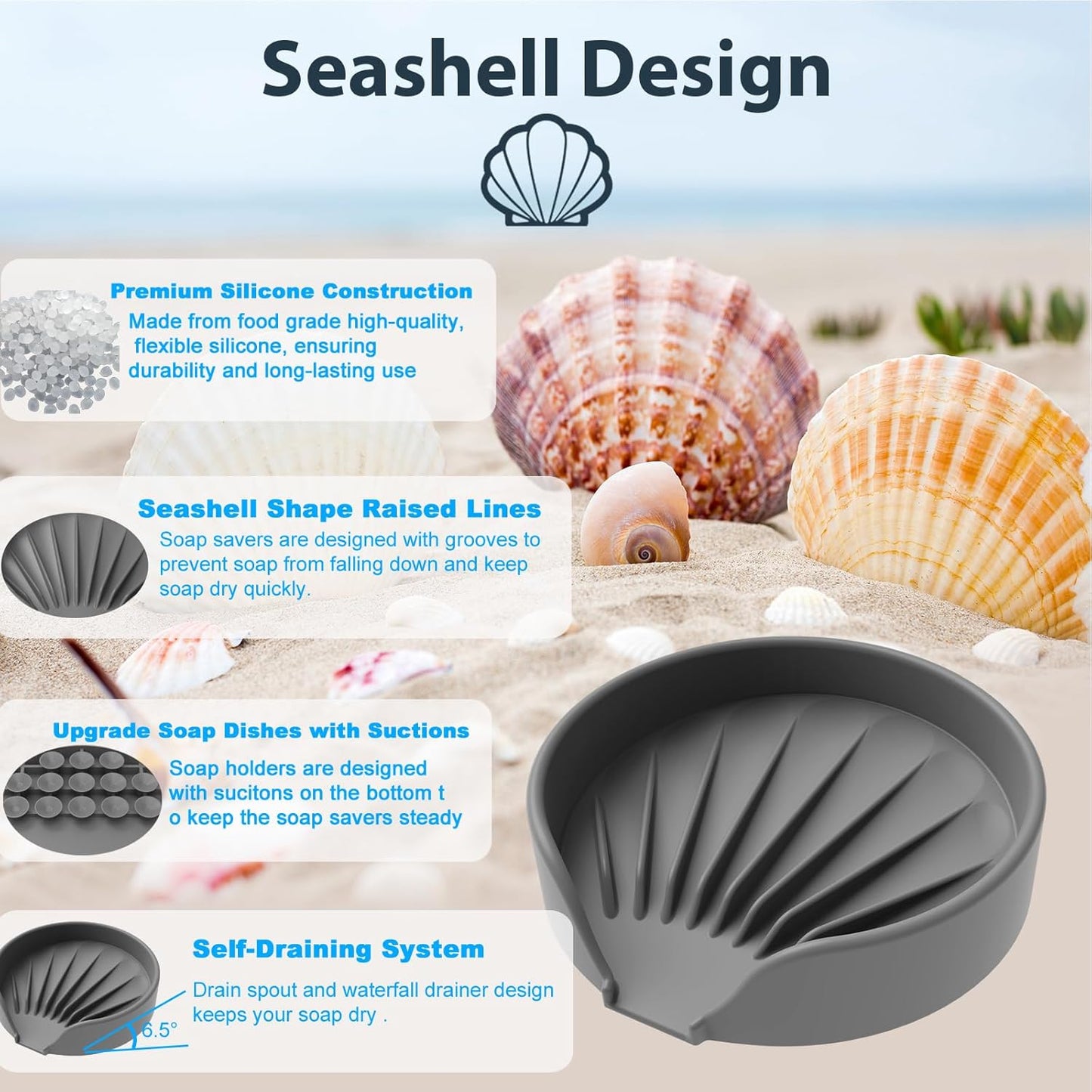 Self Draining Soap Dish, Silicone Suction Cup Soap Holder Tray Savers Container Sponge Holder for Bar Bathroom Shower Kitchen Sink, Can Extend Soap Life (1, Gray)