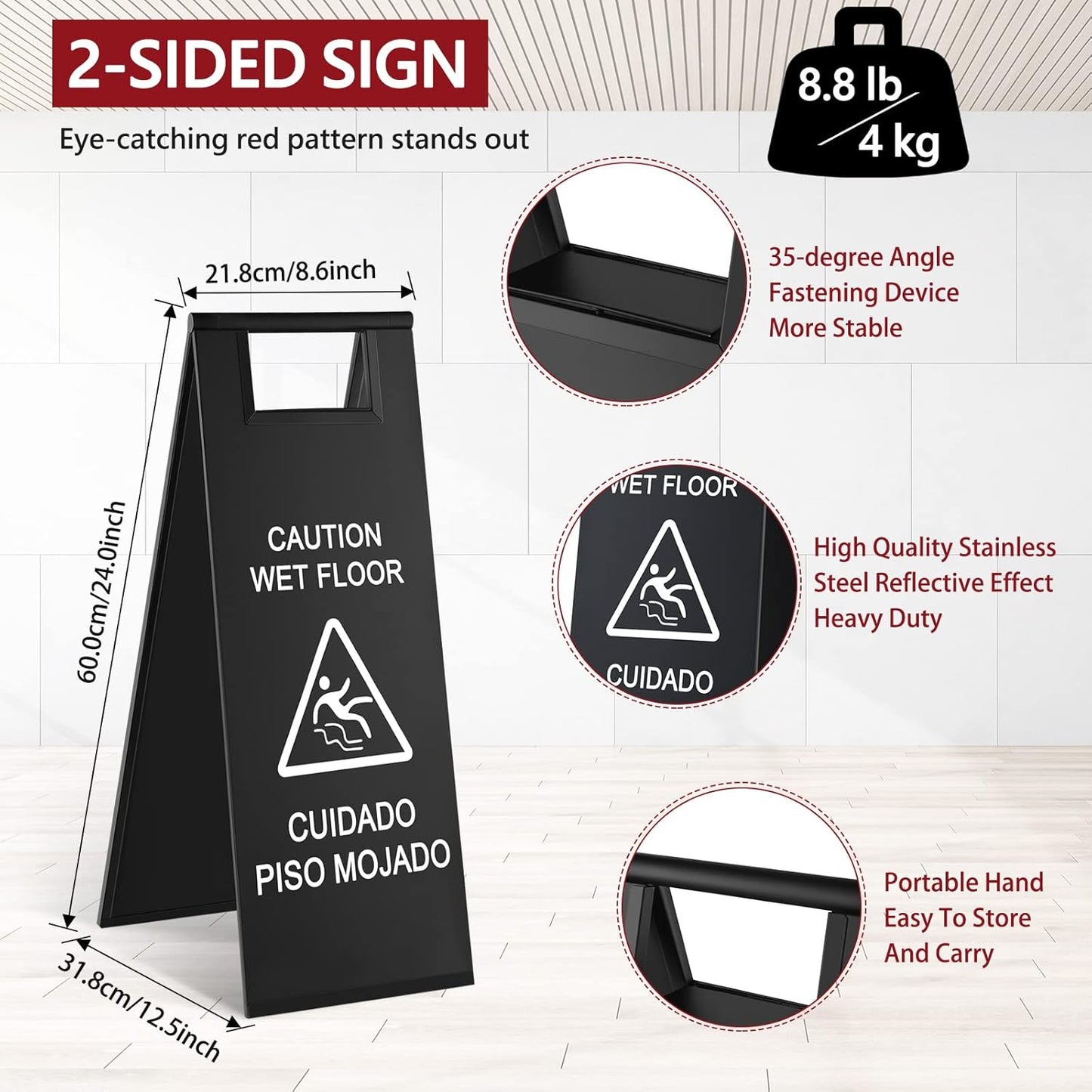 Kigley 2 Pcs Wet Floor Sign, 24 Inch Stainless Steel Caution Wet Floor Sign Double Sided Portable Foldable Bilingual Safety Warning for Hotel Market Restroom Restaurant Office (Black)