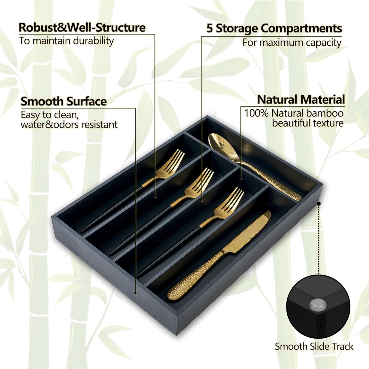 Silverware Organizer, 10 Inch Utensil Organizer Kitchen Drawer Organizer Bamboo Silverware Holder Cutlery Tray Organizer in Drawer Flatware Organizer Tray(5 slots, Black）