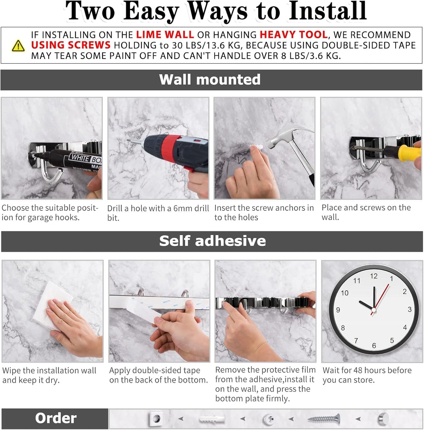 2 Pack Mop and Broom Holder Wall Mount, 5 Racks and 4 Hooks Broom Organizer Storage Tool Racks Stainless Steel Heavy Duty Hooks Self Adhesive Solid Non-slip for Home Kitchen Garden Laundry Garage