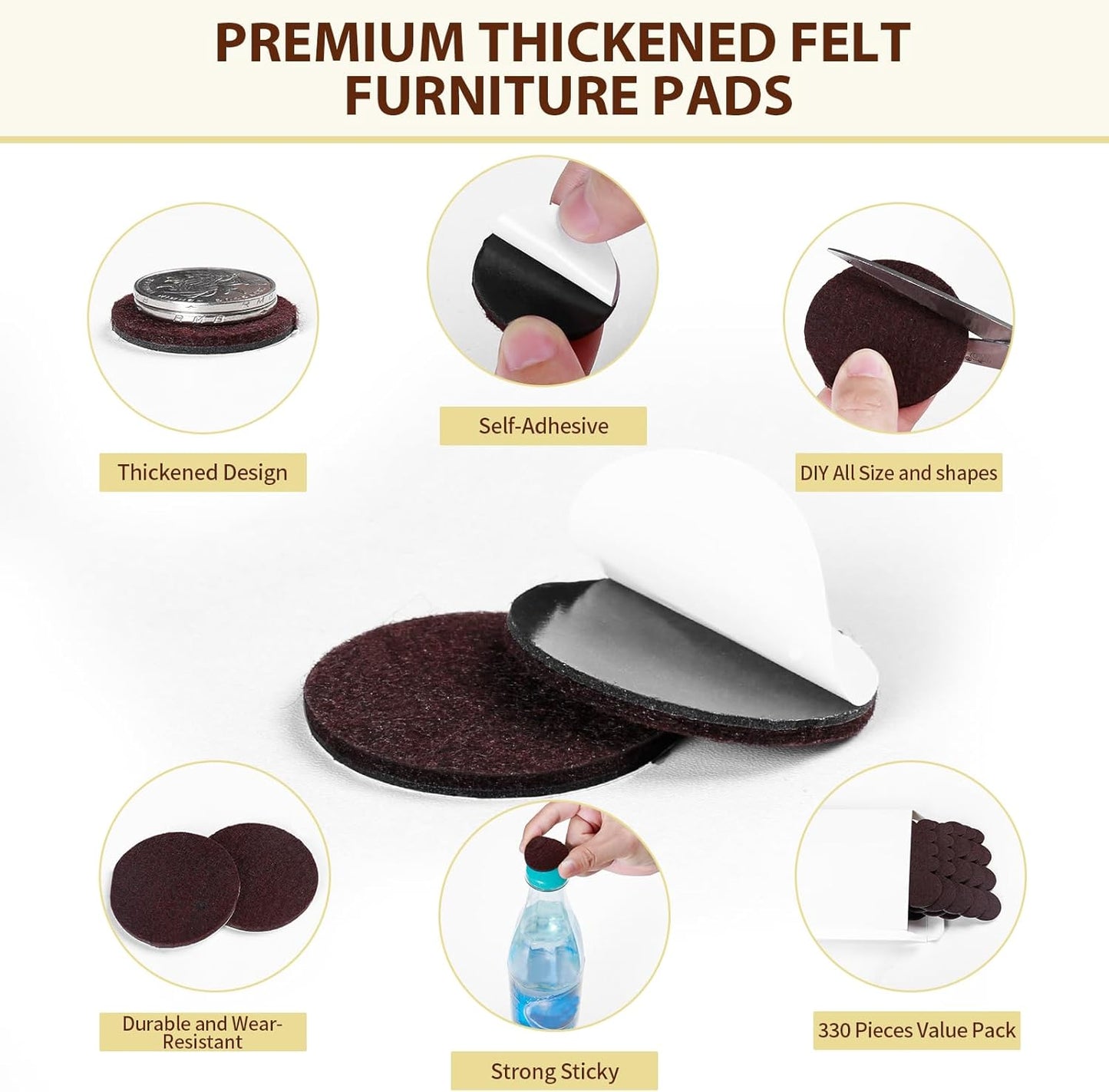 Ezprotekt 330 Pcs Felt Furniture Pads for Hardwoods Floors, Self Adhesive Cuttable Chair Felt Pads, Anti-Scratch Furniture Feet Floor Protectors Pads for Desk Sofa Bed Table Cabinet (Brown)