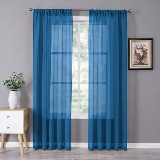 Tollpiz Sheer Curtains Bedroom Linen Textured Curtain Sheers Light Filtering Voile Rod Pocket Curtains for Living Room, 38 x 84 inches Long, Classic Blue, Set of 2 Panels