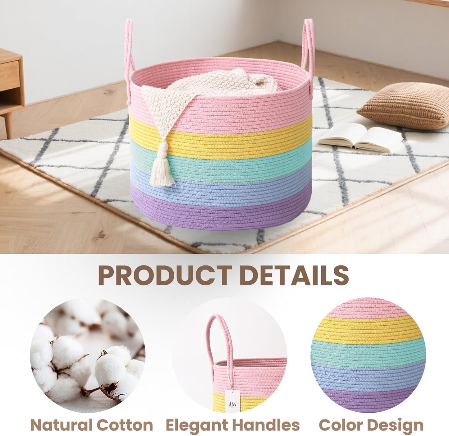 Woven Blanket Basket,65L Large Rope Storage Bin with Handles, Organizer for Blankets Toys Book and Clothes, Laundry Basket for Living Room Bedroom Nursery,Rainbow