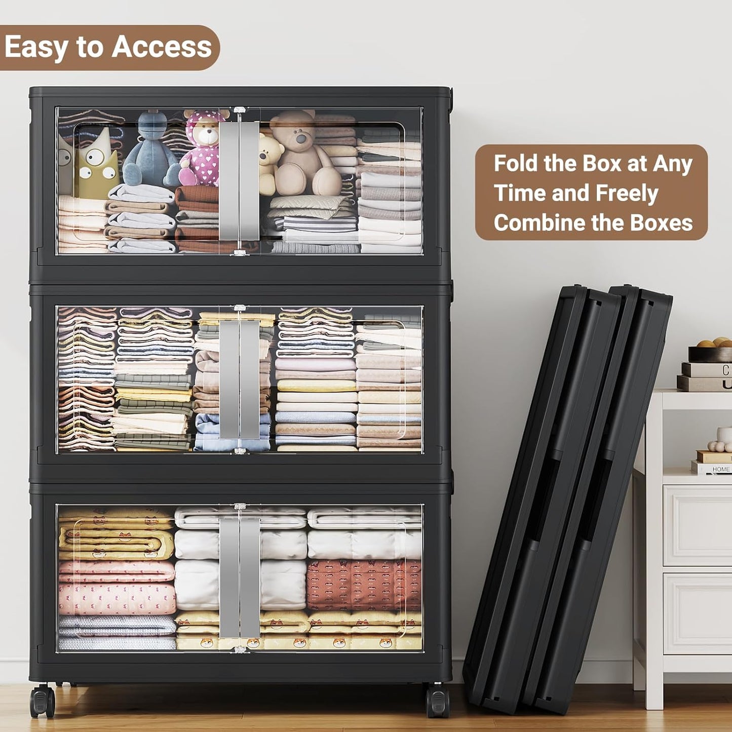 BROVIEW 640QT Stackable Storage Bins with Lids, 160Gal Extra Large Collapsible Storage Box with Wheel, Plastic Storages with Clear Door Open Front for Home Kitchen Garage, Black-4pack