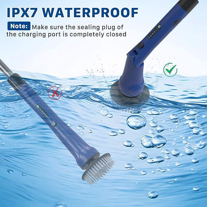 Electric Spin Scrubber, Hillyfe Bath Scrubber for Cleaning with 7 Replaceable Brush Heads, IPX7 Waterproof,300/400 RPM, 3 Adjustable Size,Cordless Shower Cleaner Brush for Bathroom Floor,Blue