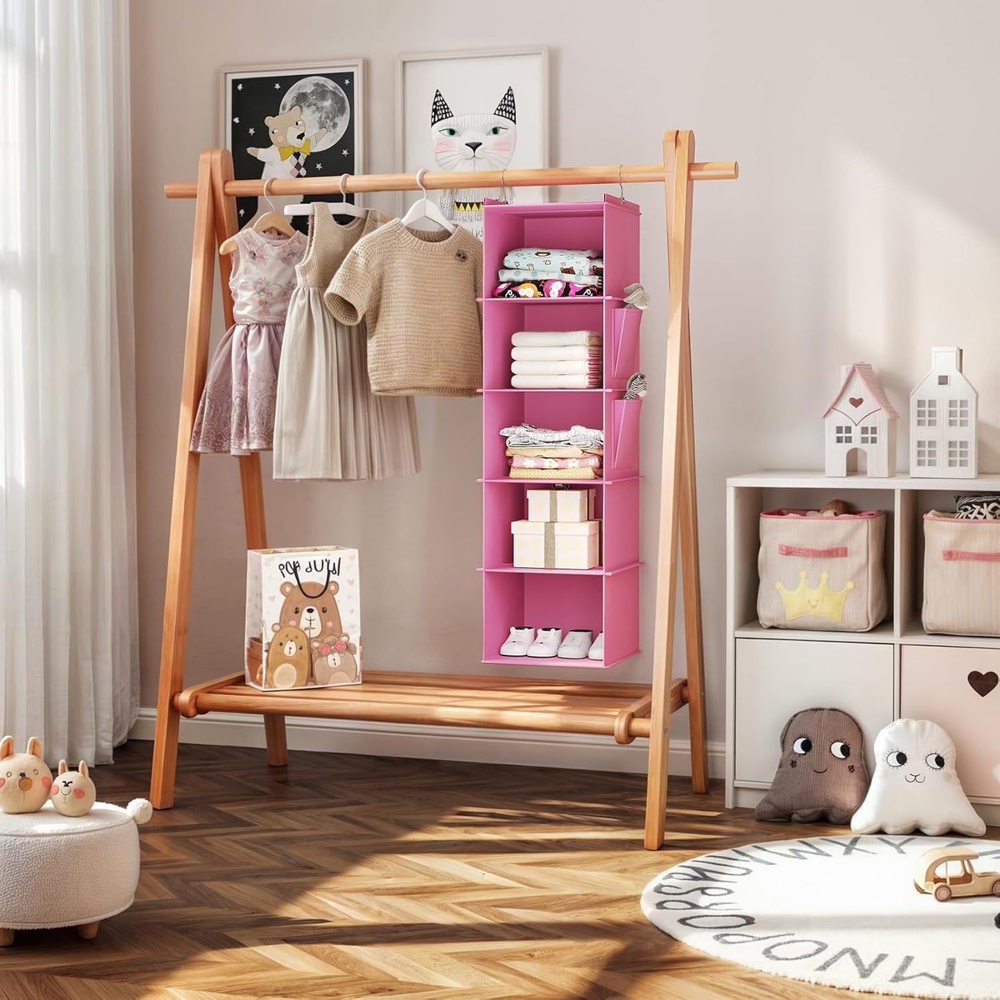 YOUDENOVA Hanging Closet Organizer, 5-Shelf Closet Hanging Storage Shelves, Light Pink