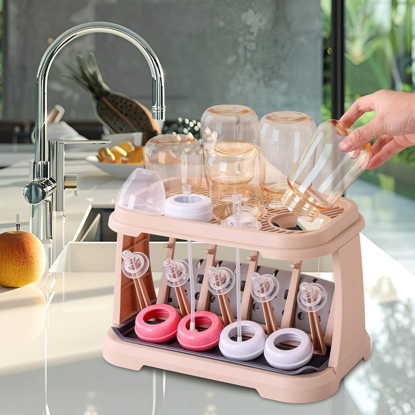 Baby Bottle Drying Rack:Space Saving Standing Drying Rack for Baby Bottles and Pump Part Cleaning,be Equipped with Bottle Brush（Pink Lotus Root）