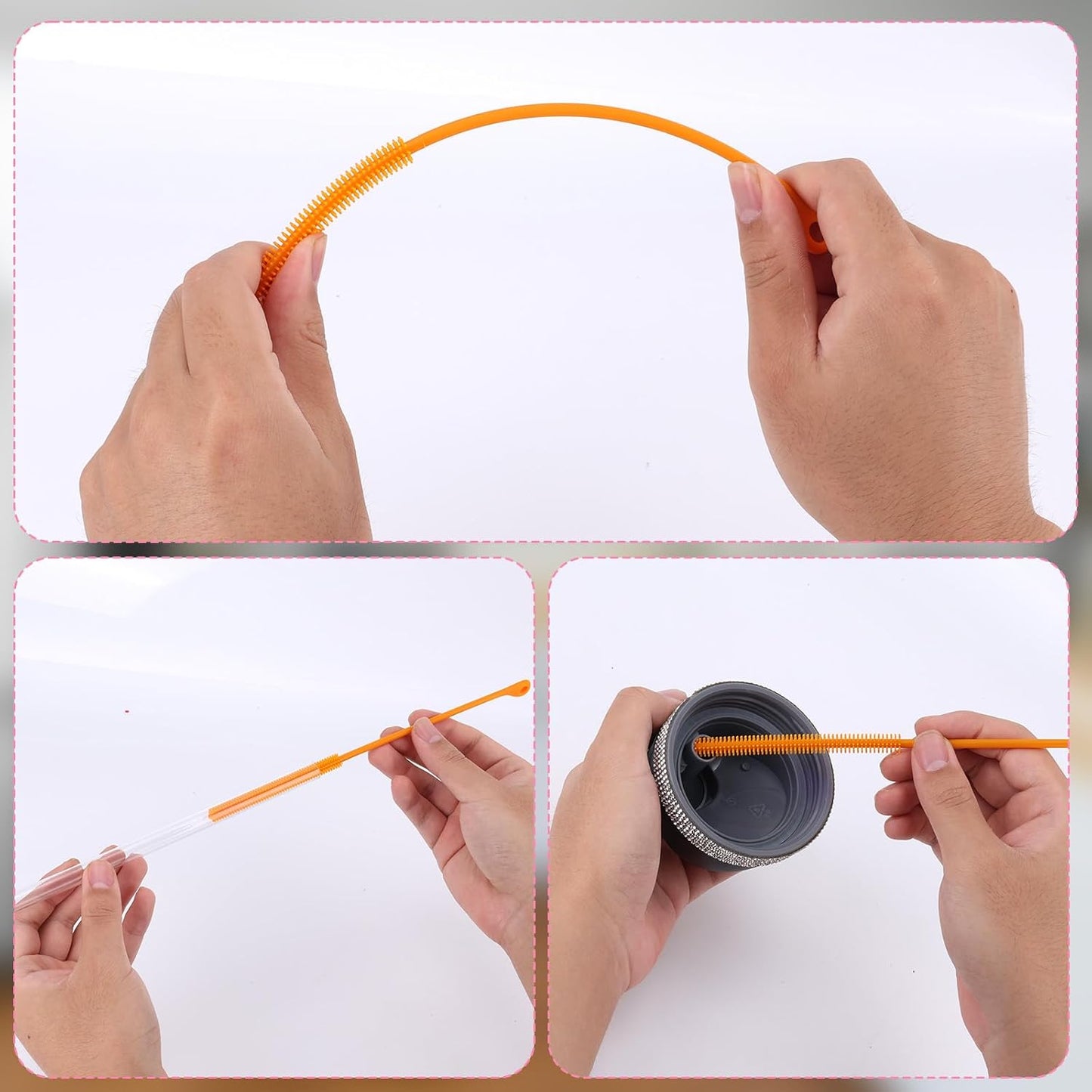 2pcs Silicone Straw Brush, 9.5in Straw Cleaner Brush Extra Long Cleaning Brushes Reusable Travel Drinking Bottle Lid Cleaning Tool for Stanley Metal Glass Straws (Orange)