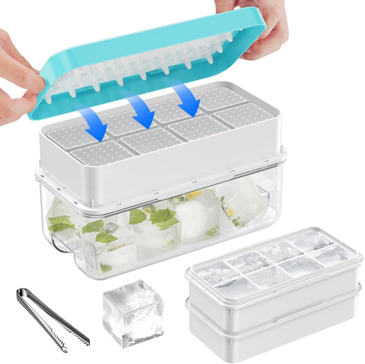 PHINOX Large Ice Cube Tray with Lid and Bin, Ice Trays for Freezer, 2 INCH Whiskey Ice Cubes Mold, 2*8 pcs Square Ice Cube Mold with Tong, Easy to Release, Large Ice Tray for Whiskey Cocktail Bourbon