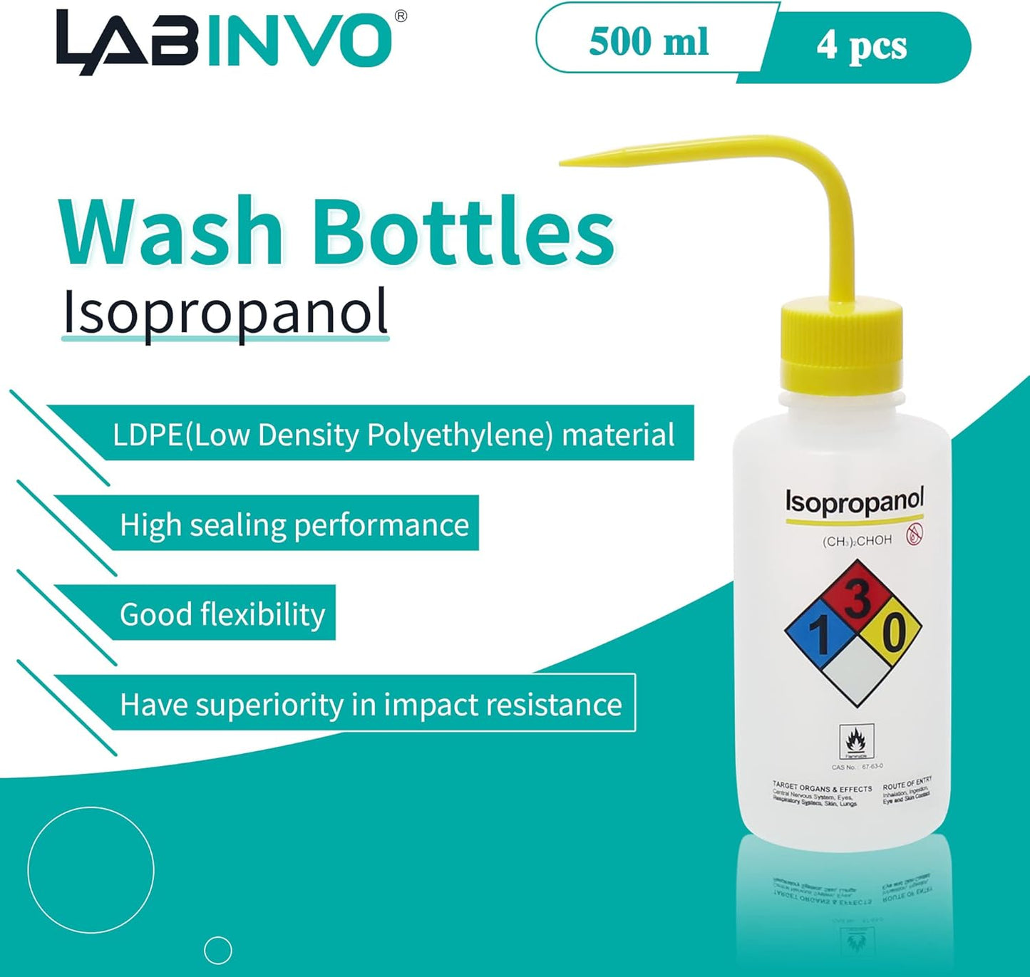 4pcs of Isopropanol Wash Bottles, Vol.500ml (17oz), Narrow Mouth, Self-Venting Safety Wash Bottles, LDPE Material, IN-WBI500
