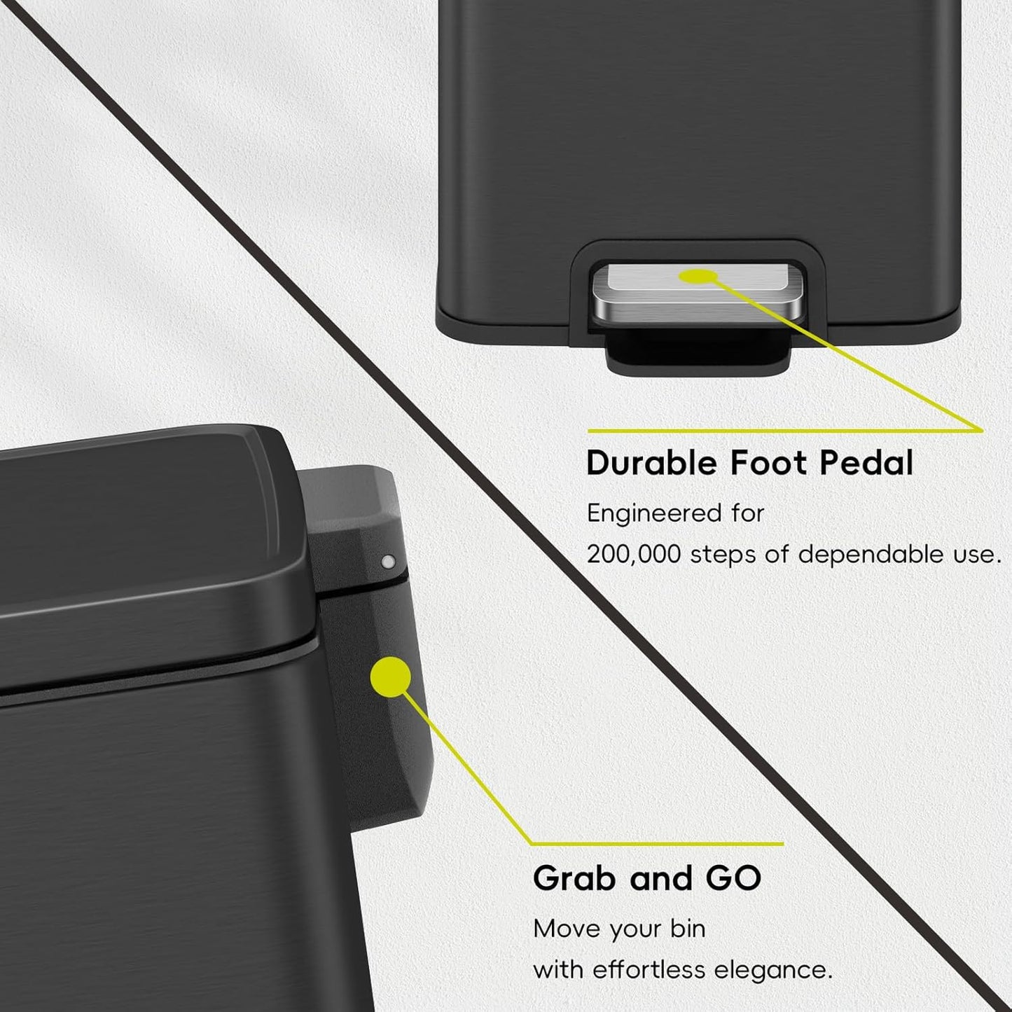 EKO Madison Matte Black 6L / 1.6 Gal Bathroom Trash Can with Lid and Removable Inner Basket, Rectangular Small Step Trash Can, Brushed Stainless Steel