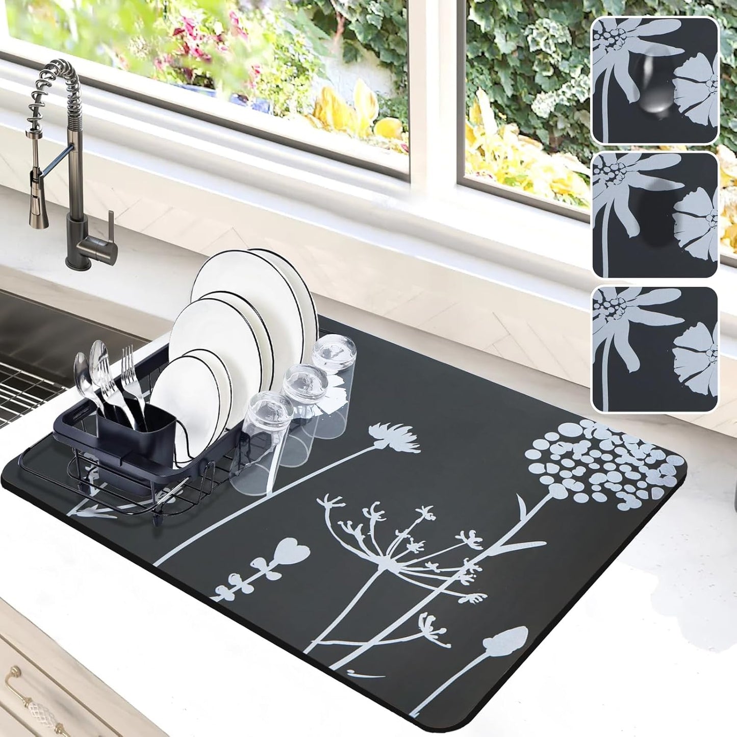 Dish Drying Mat for Kitchen Counter, 12"x19"Dish Drying Pad with Non-slip Rubber Backed, Hide Stain Anti Absorbent for Kitchen Counter, Drying Mat for Coffee Machine Dish Rack (Gray Daisy)