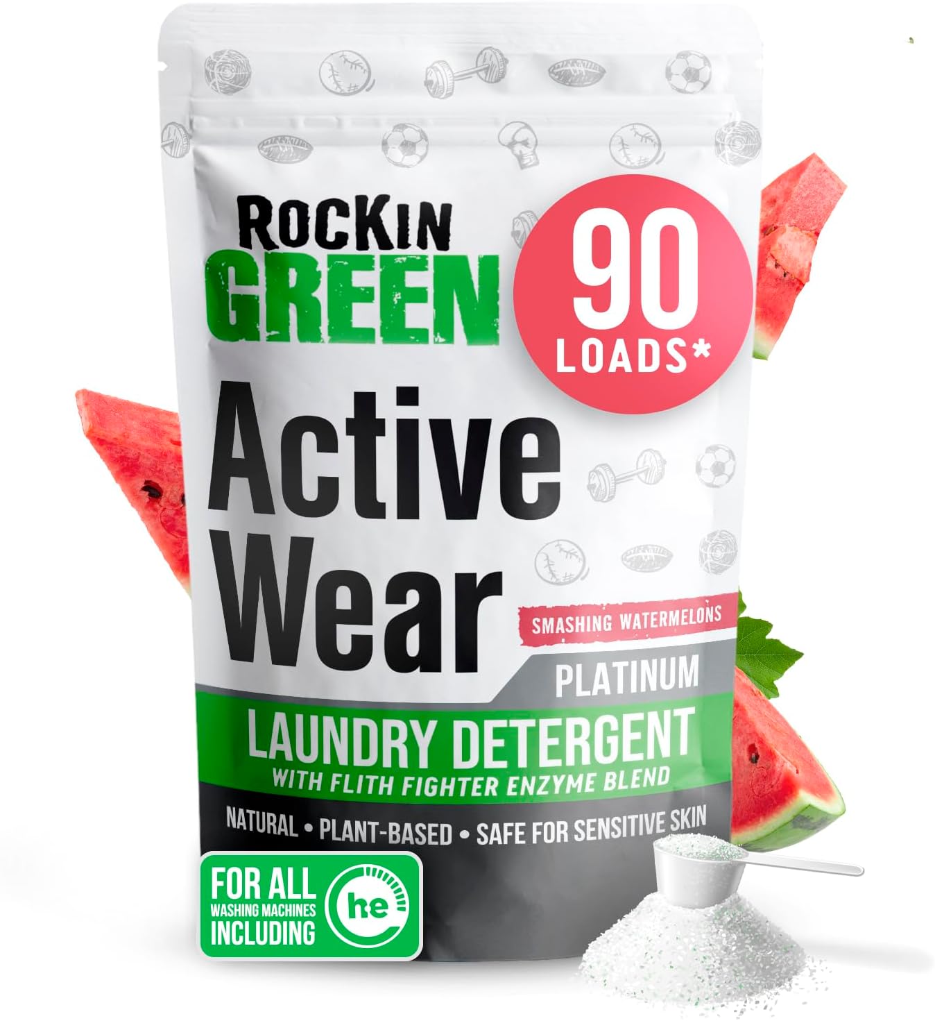 Rockin' Green Laundry Detergent, Plant based, All Natural Laundry Detergent Powder, Vegan and Biodegradable Odor Fighter, Safe for Sensitive Skin (Active Wear 90 Loads - Smashing Watermelons)