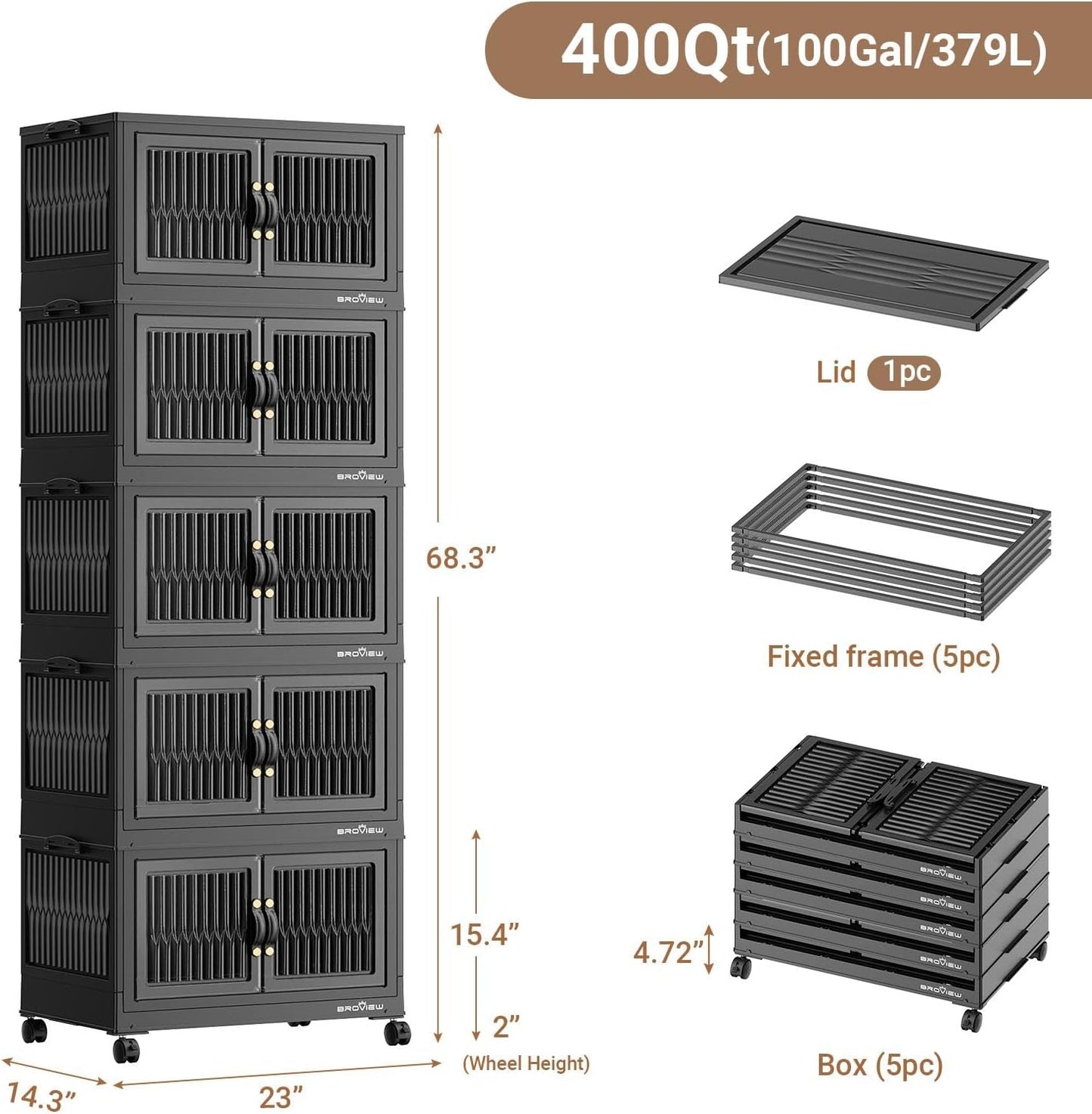 BROVIEW 400Qt Stackable Storage Bins with Lid, Extra Large Closet Organizer Collapsible Drawer Boxes with Wheels, Folding Plastic Cabinet Containers for Home Kitchen Room Organization, 5Pack Black