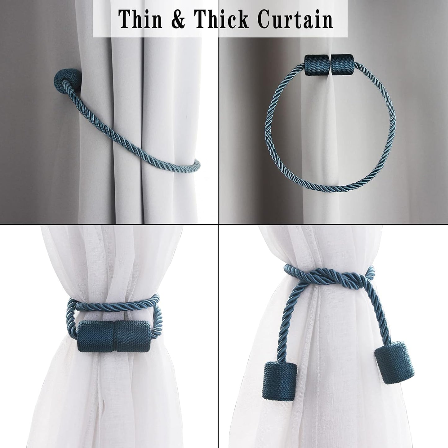 2 Pack Strong Magnetic Curtain Tiebacks Outdoor Elegant Decorative Tie Backs Modern Rope Tiebacks for Drapes Window Curtain Holdbacks for Draperies- Blue