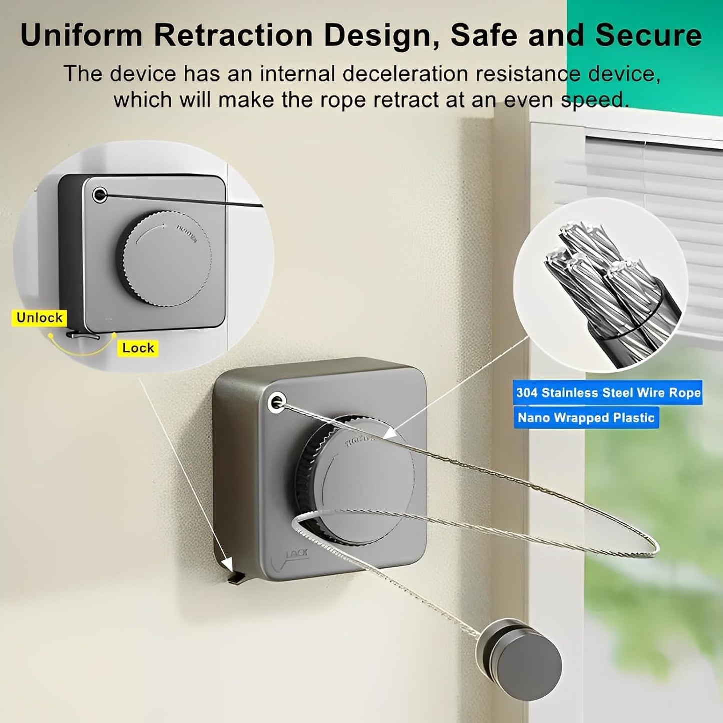 13.8ft(4.2M) Retractable Clothesline, Non-sag Clothesline, Indoor & Outdoor Heavy Duty Retractable Clothesline, Wall Mounted Stainless Steel Washing Line (Black)