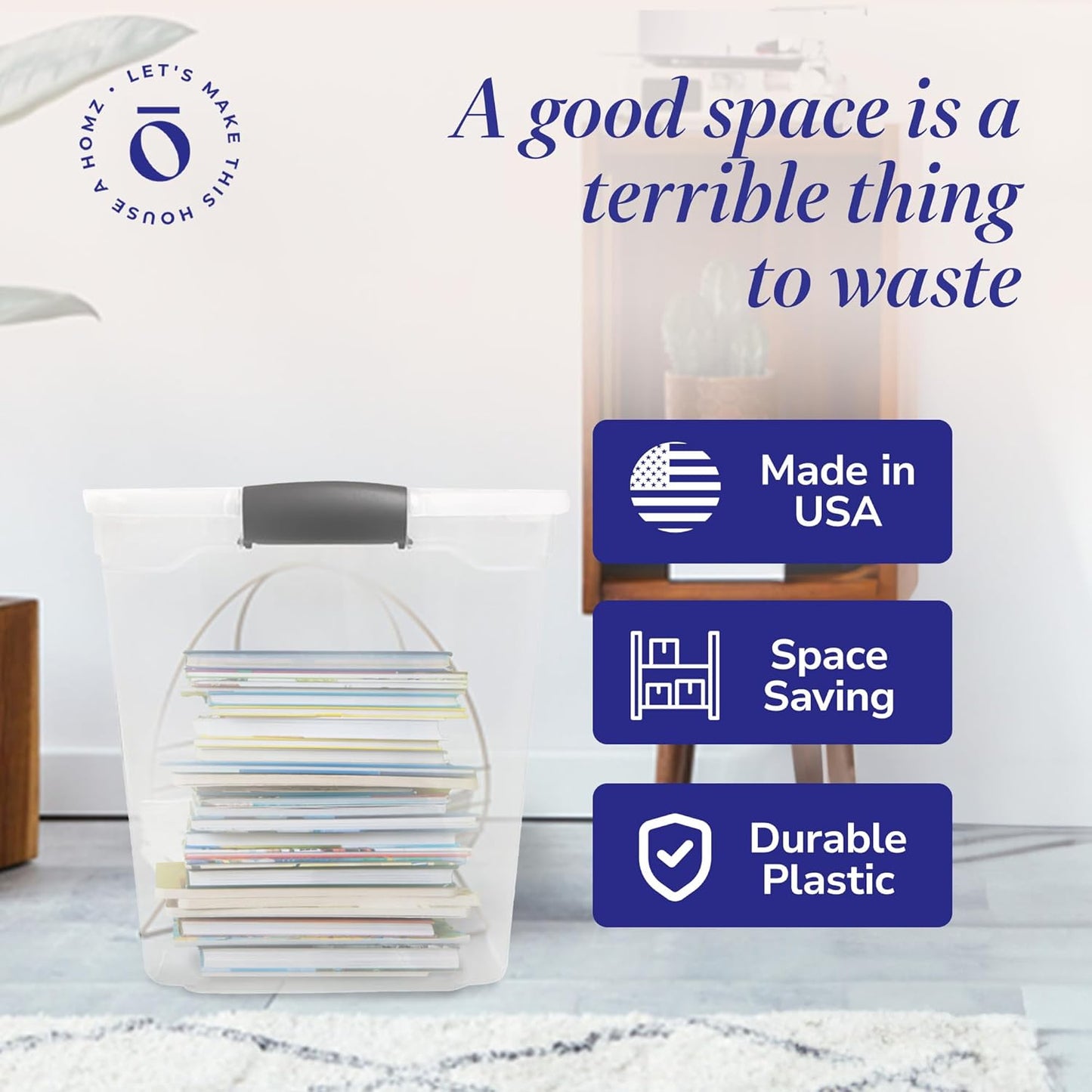 HOMZ 2-Pack Latching Lid, Large Clear Plastic Storage Bins w/Lids, 112 Quart, Gray Latch - Stackable Container Boxes for Home, Bathroom, and Office Organization