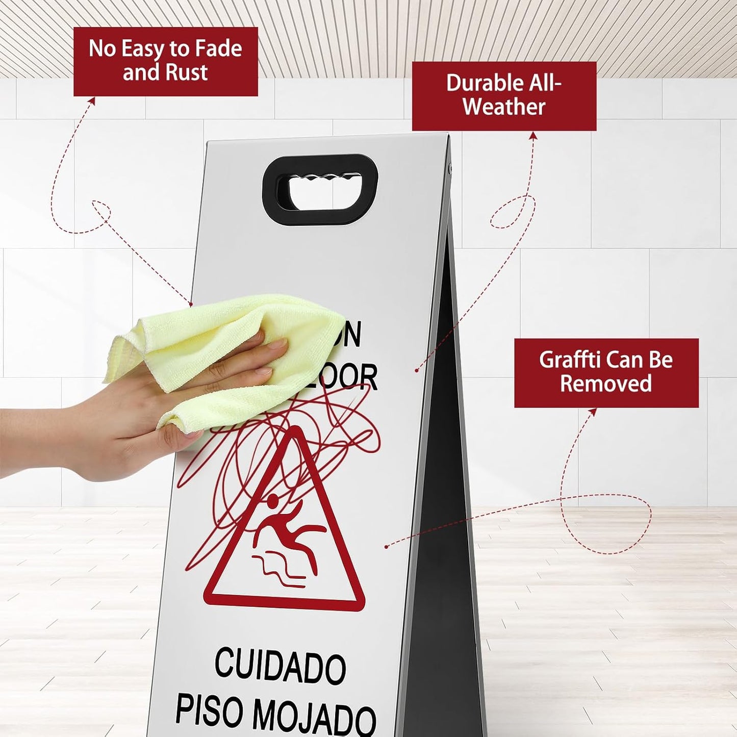 2 Pcs 24 Inch Stainless Steel Wet Floor Sign, Heavy Duty Caution Wet Floor Sign Double Sided Portable Foldable Bilingual Safety Warning for Restaurant Restroom Office Avoid Fall(Silver)