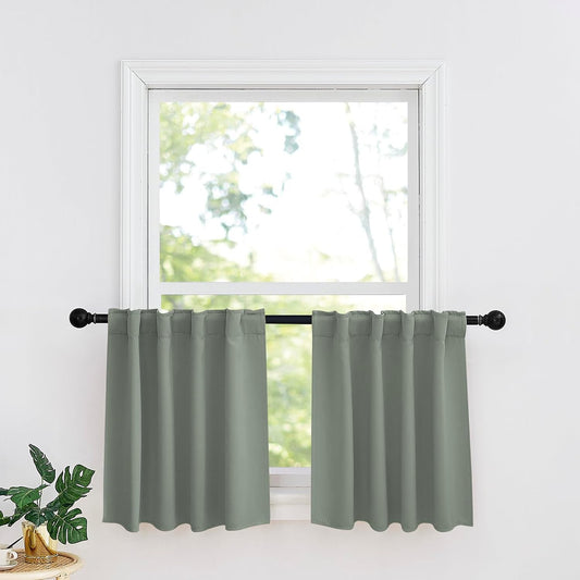 RYB HOME Sage Green Blackout Curtains for Bathroom, Thermal Insulated Light Block Window Curtains, Back Tab & Rod Pocket Style for Kitchen Kids Bedroom Basement, W34 x L24, 2 Panels