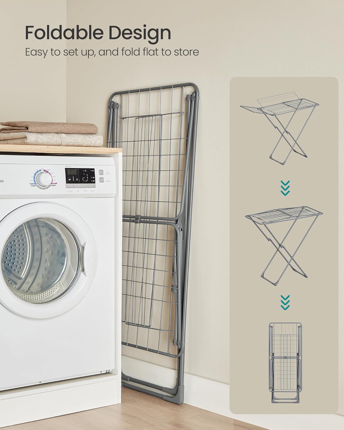 SONGMICS Clothes Drying Rack, Metal Laundry Drying Rack, Foldable, Space-Saving, Free-Standing Airer, with 4 Gullwings, Indoor Outdoor Use, Bed Linen Clothing, Gray ULLR541G01