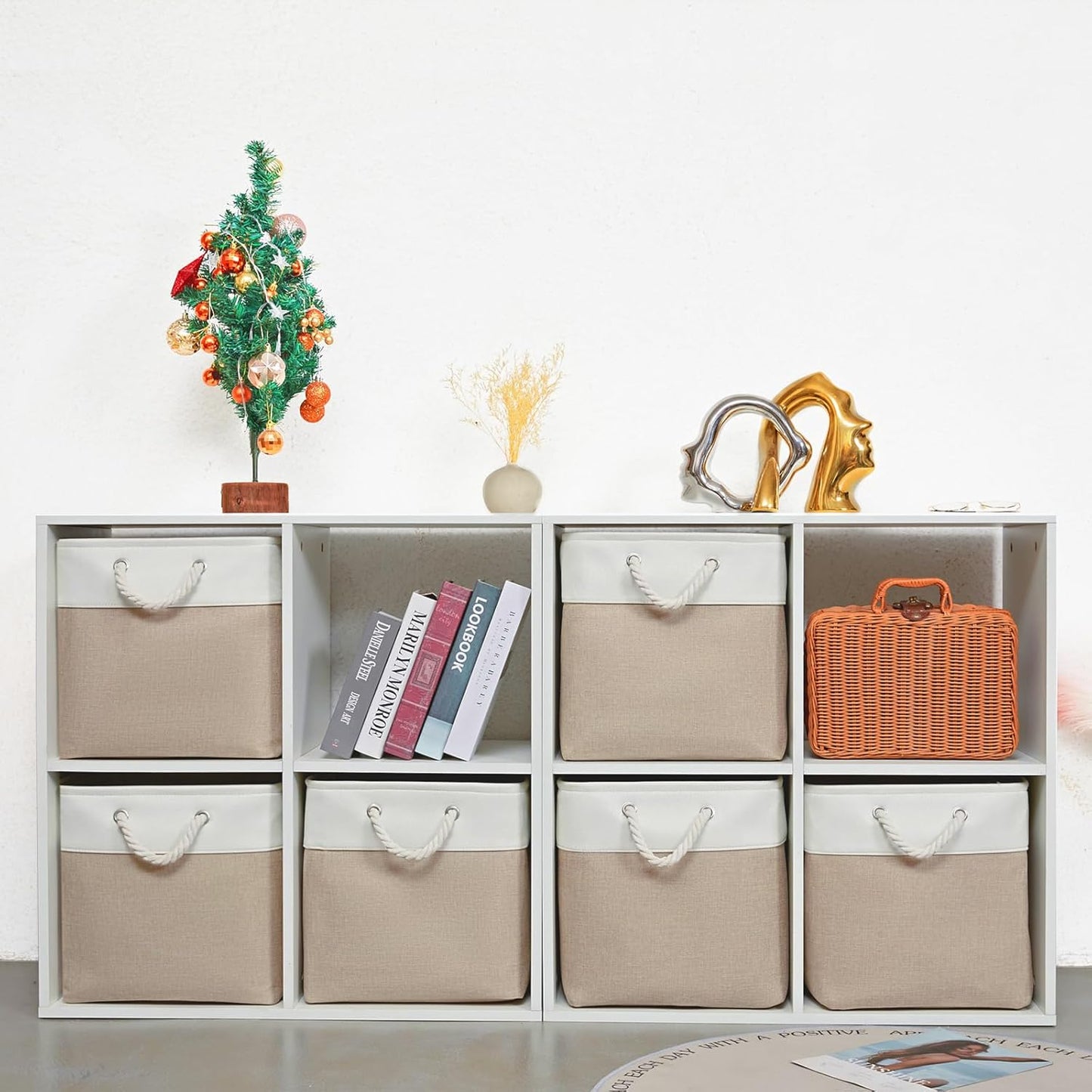 13 x 13 Inch Storage Cubes，6 Pack Cube Storage Bins for Shelves，Fabric Collapsible Storage Bins with Handles, Foldable Storage Basket for Organizing Clothes, Toys, Books (White&Beige)