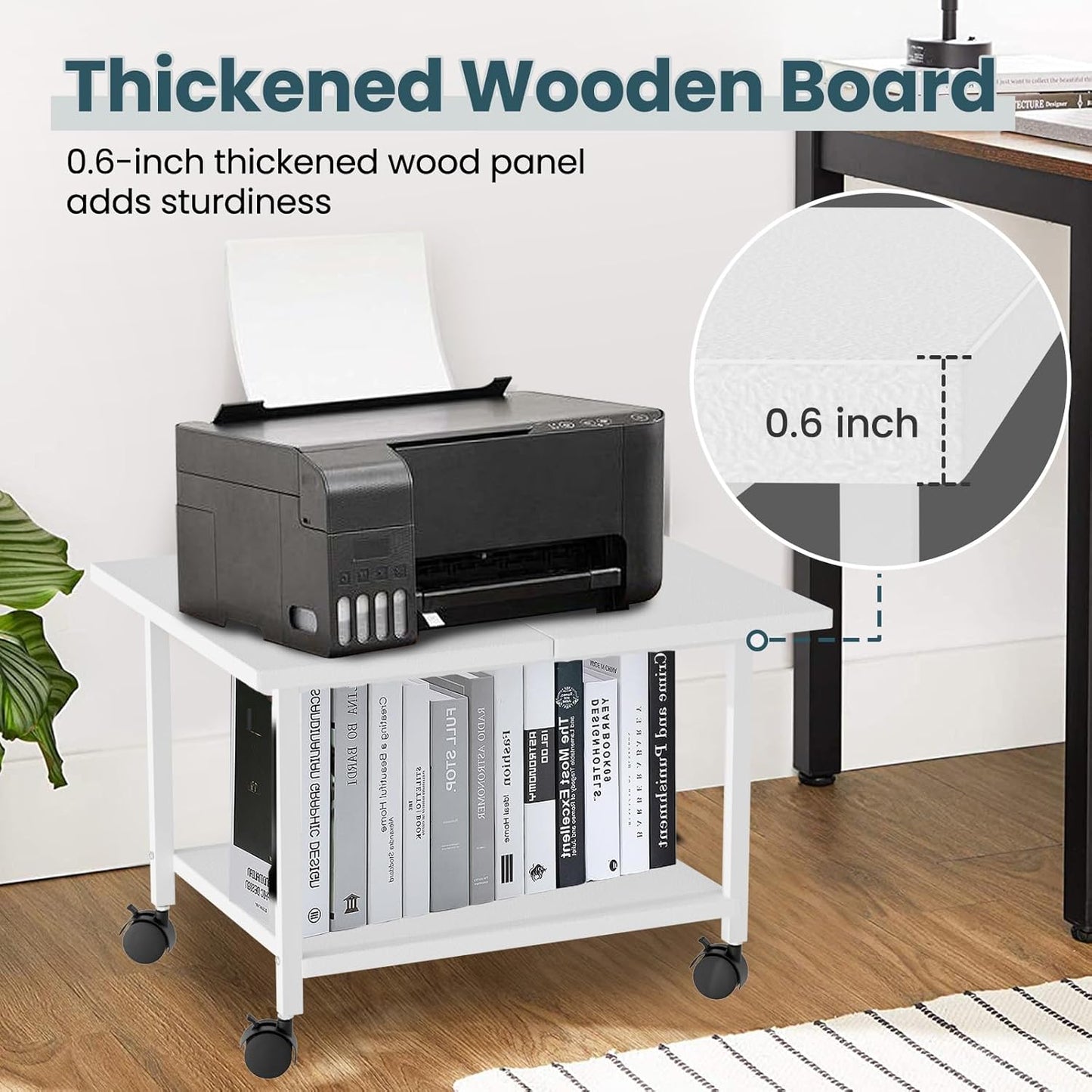 Printer Stand with Storage Under Desk Shelf, Desktop Printer Stand Organizer, Rolling Printer Cart Storage Paper Files Holder for Desk, Office, Home, (White)