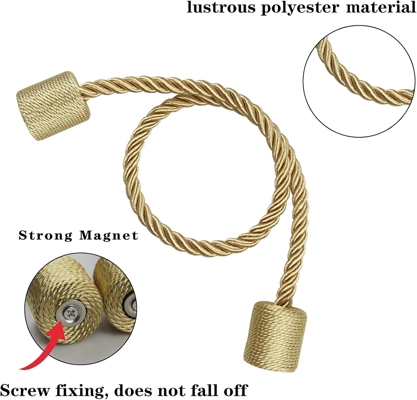 4 Pack Gold Strong Magnetic Curtain Tiebacks Outdoor Elegant Decorative Tie Backs Modern Rope Tiebacks for Drapes Window Curtain Holdbacks for Draperies