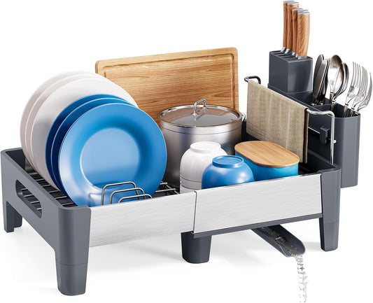 Expandable Dish Drying Rack, Stainless Steel Dish Rack with Aluminum Frame, Dish Drainer for Kitchen Counter, Space Saving Kitchen Drying Rack with Movable Utensil Holder,Gray