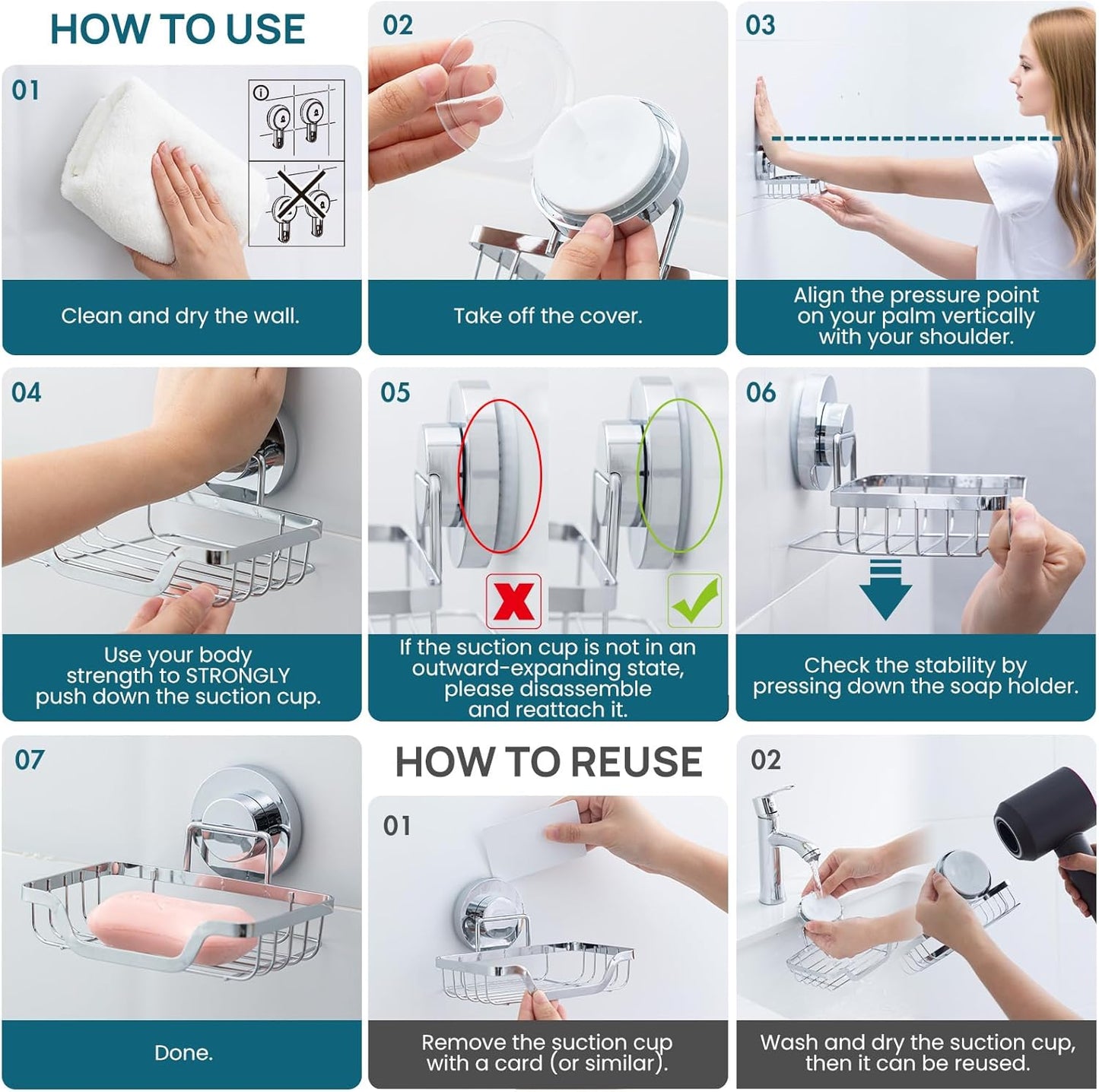 TAILI Soap Holder Bar Dish Suction Cup, Bar Shampoo Rack for Shower Wall, Draining Soap Saver Tray for Bathroom, Rustproof Stainless Steel Sponge Holder for Tub, Kitchen, Drill-Free, Silver