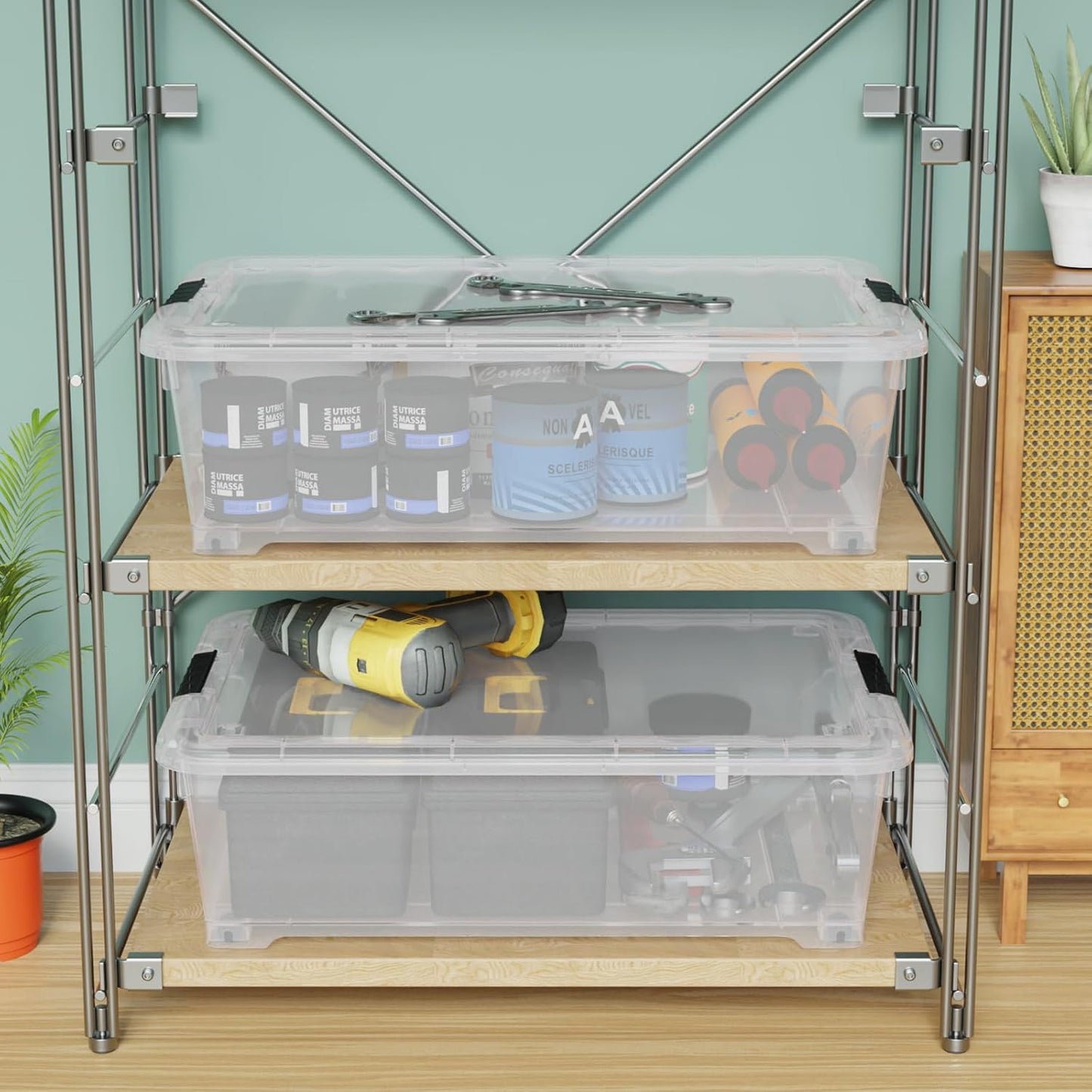 4 Pack Multipurpose 25 Qt Underbed Secure Latching Bin, Plastic Storage Container with Snap-On Lid and Wheels, Clear