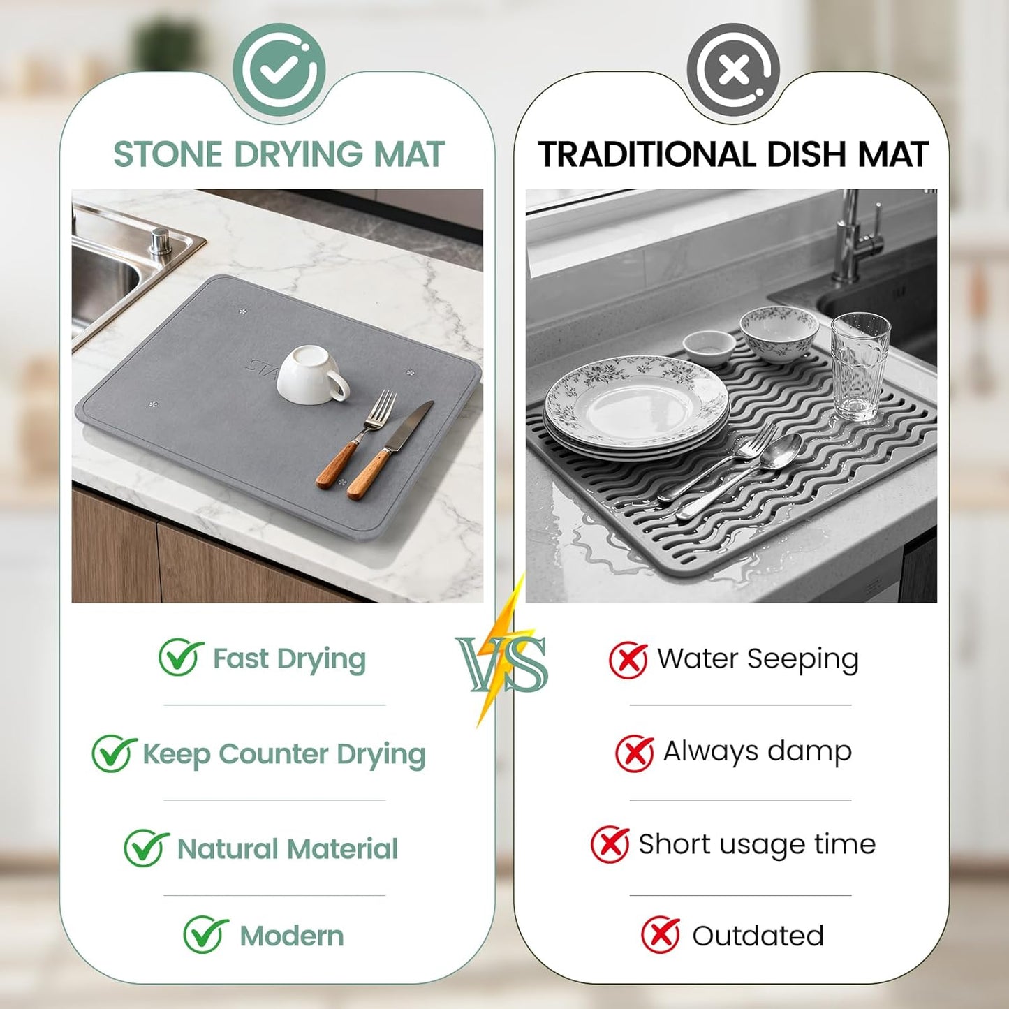 Large Stone Dish Drying Mats for Kitchen Counter,20"(L)×16"(W) Diatomaceous Earth Stone Mat With 4pc silver metal feet,Super Absorbent Fast Drying,Non-Slip Multi-purpose Kitchen Mat