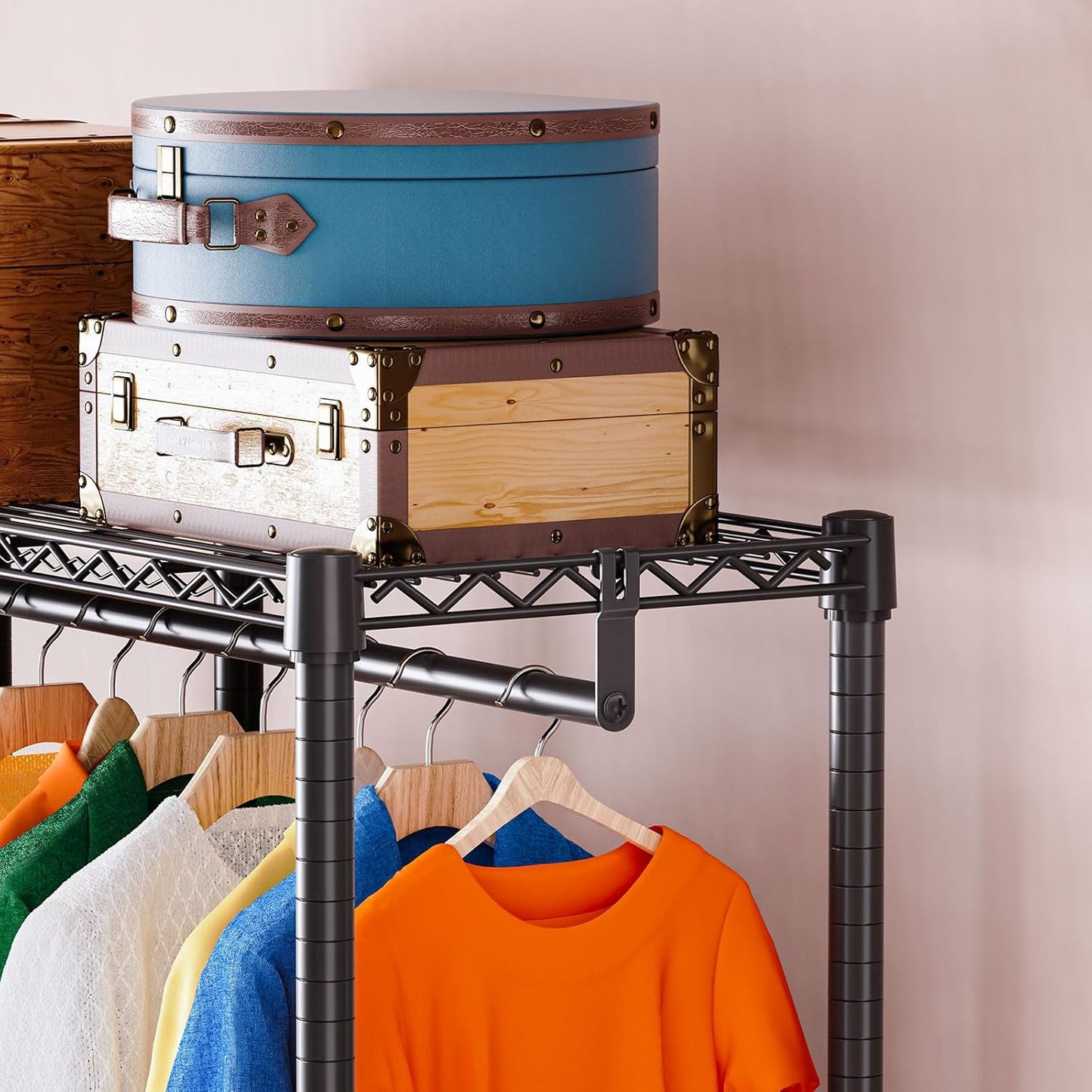 IZEUK 2 Combination Heavy Duty Garment Rack Wire Clothes Rack for Hanging Clothes, Metal Freestanding Closet Wardrobe Rack with 3 Rods Black 15.7" D x 43.3" W x 76.5" H