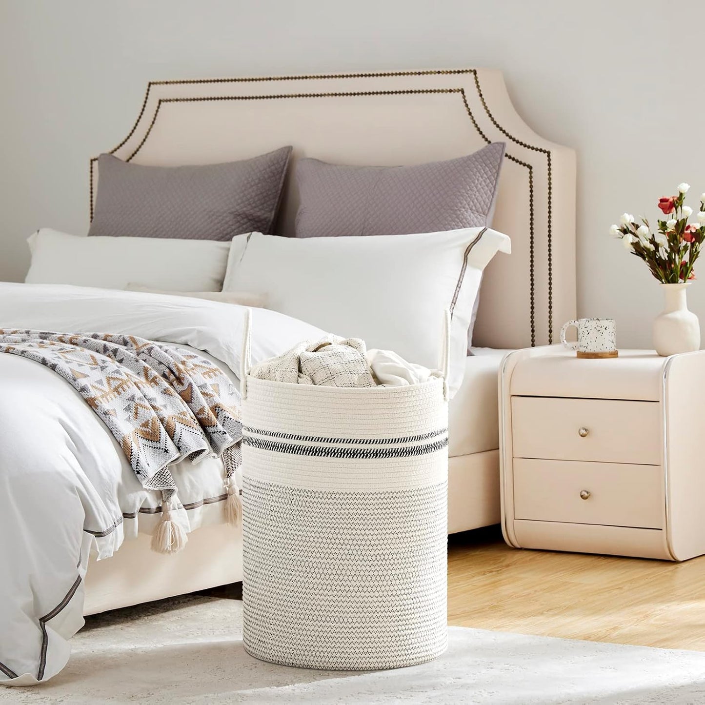 VIPOSCO Large Laundry Hamper, Tall Woven Rope Storage Basket for Blanket, Toys, Dirty Clothes in Living Room, Bathroom, Bedroom - 58L Stripe White