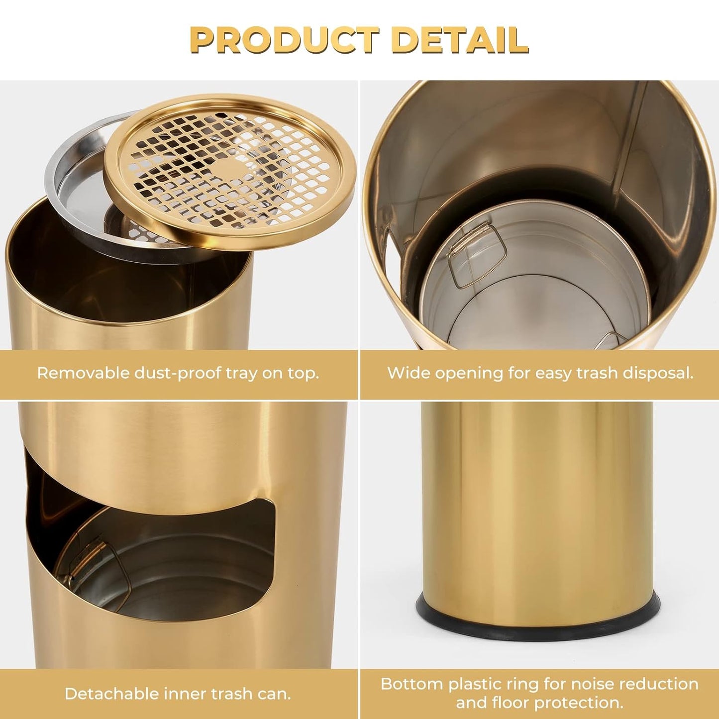 Trash Can Outdoor Waste Container Round Stainless Steel Trash Can with Removable Inner Bucket for Disposal Commercial Waste Container 9.8 x 24-Gold Tone