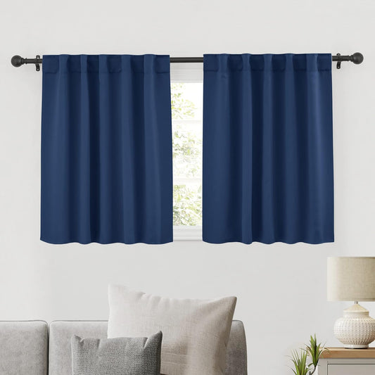 RYB HOME Blackout Kitchen Curtains, Thermal Insulated Back Tabs Window Curtain Room Darkening Shades Ideal Match for Bathroom Basement RV, Navy, Width 42 inch x Length 36 inch, 2 Panels Set