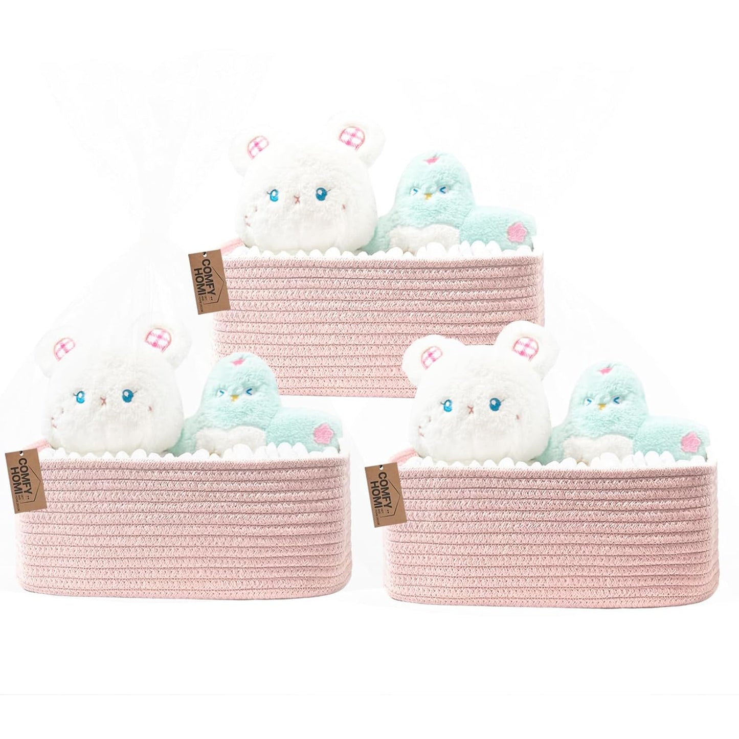 COMFY-HOMI 13" x 8.5" x 5.1"Storage Baskets for Organizing | Cotton Rope Woven Basket | Toy Storage Bin Box | Basket for Shelves, Closet Organizer Bin, Decorative Closet Shelf, 3 Pack, All pink