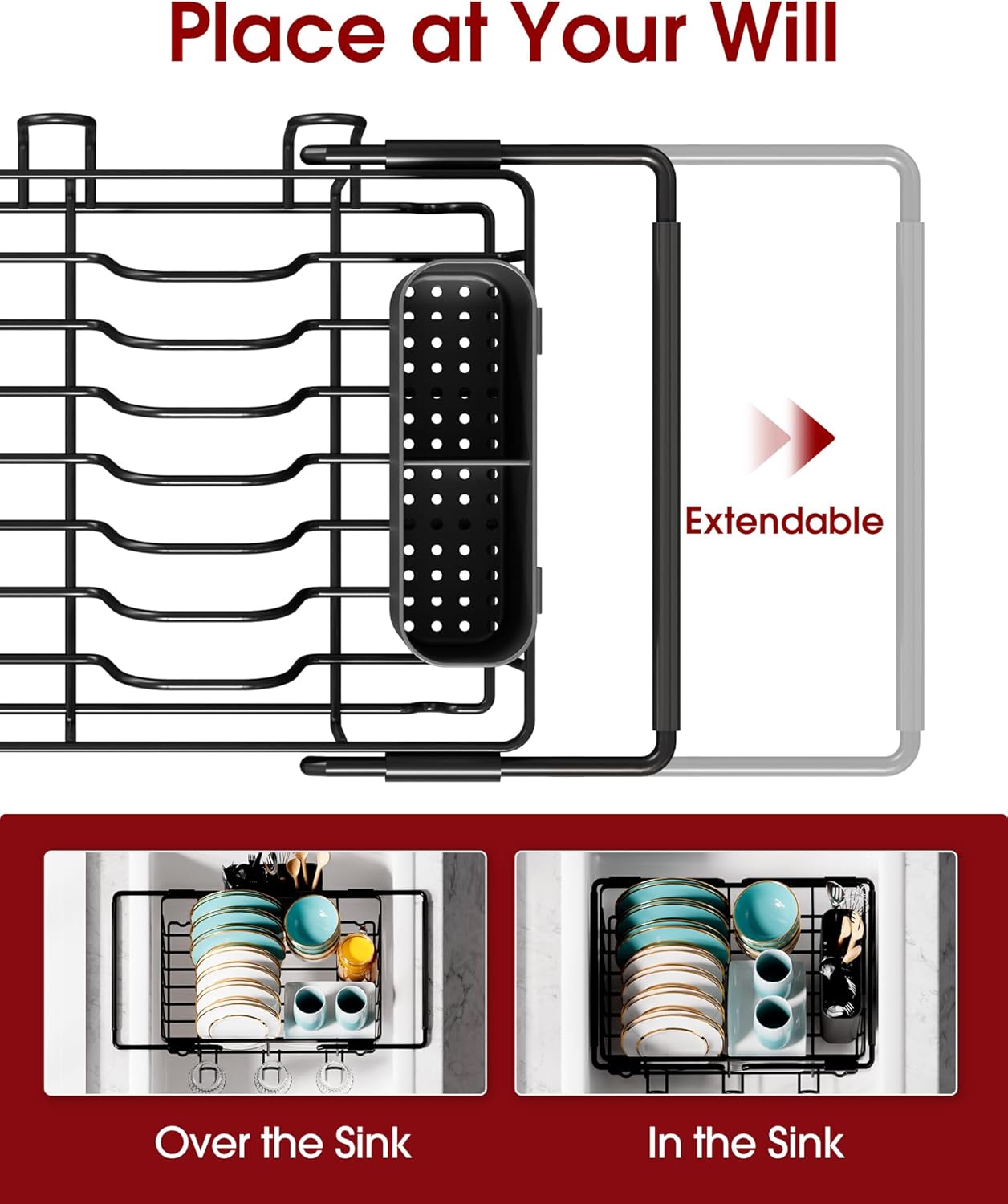 Dish Drying Rack in Sink - Expandable Stainless Steel Dish Rack Over The Sink, Kitchen Sink Drain Strainer with Cutlery Holder & Cup Holders, 15.4 x 9.8 x 3.0 Inch, Black