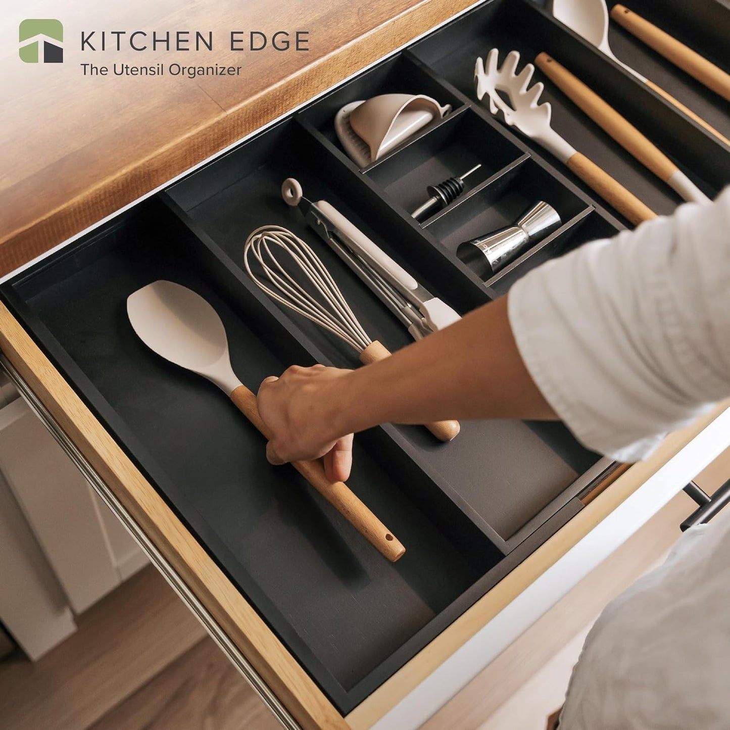 KitchenEdge Adjustable Kitchen Drawer Organizer for Utensils and Junk, Food-Safe Contract Grade with 100% Sustainable Wood, Expandable from 19 to 33 Inches Wide - Black Bamboo