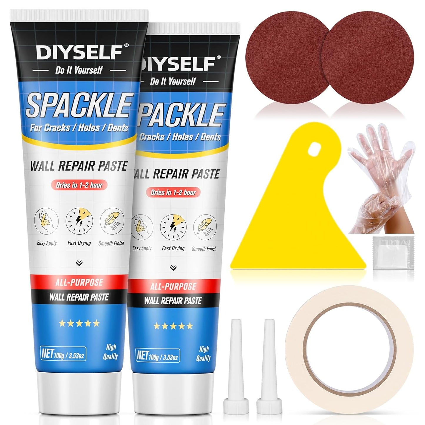 DIYSELF-Drywall-Repair-Kit-Fast-Drying, Wall Mending Agent, 9 Pack Spackle Wall Repair Kit with Putty & Scraper, 2×100g (7oz Total) White Wall Hole Filler for Drywall, Plaster and Home Use