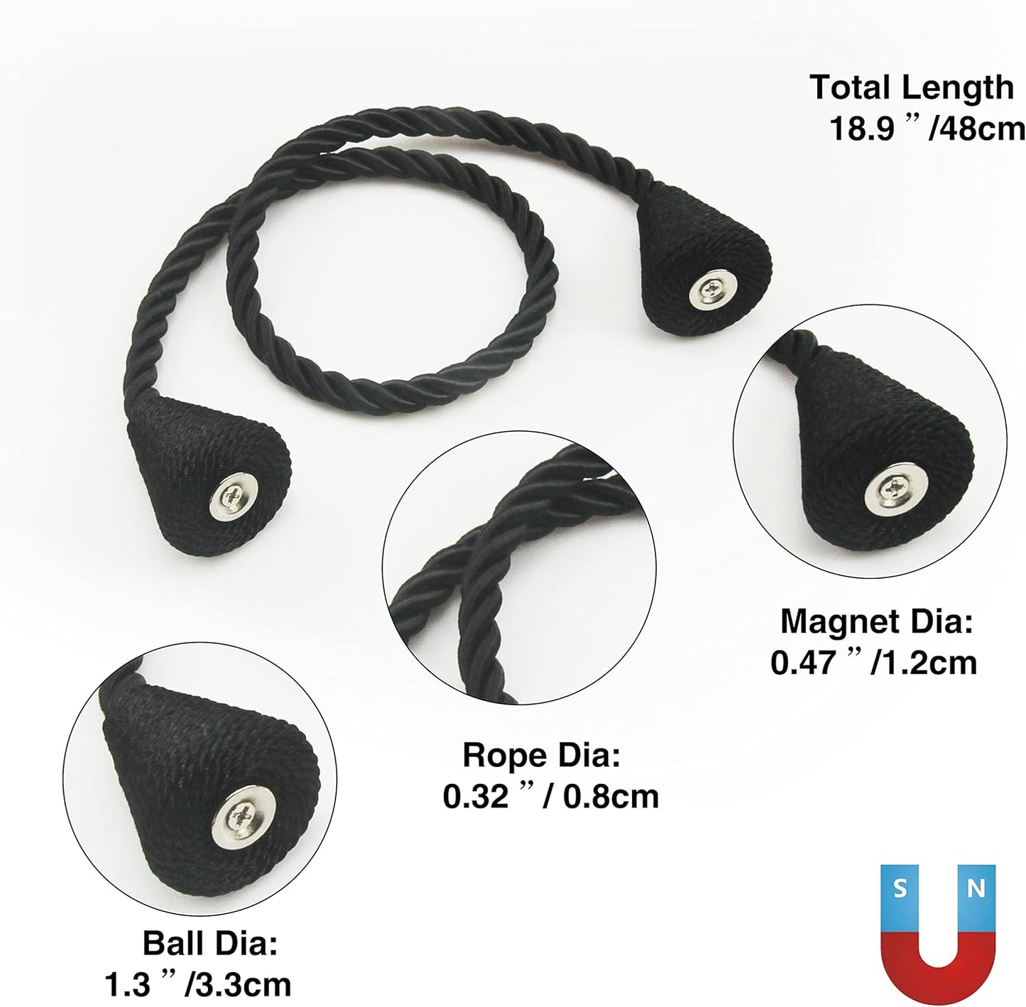 6 Pack Magnetic Curtain Tiebacks Rope Modern Handmade Curtain Tie Backs Decorative Drapes Weave Holdbacks for Window Décor, Black