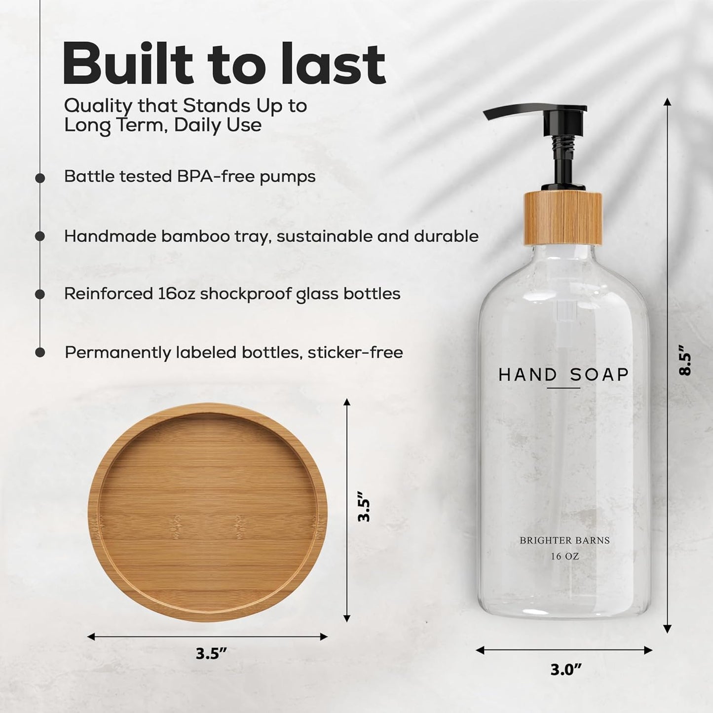 Glass Hand Soap Dispenser Bathroom Set by Brighter Barns - Hand Soap Dispenser for Kitchen Sink & Bathroom - Refillable Pump Bottle Set - Neutral Home Decor for Airbnb, Vacation Rental, Hotel (Clear)