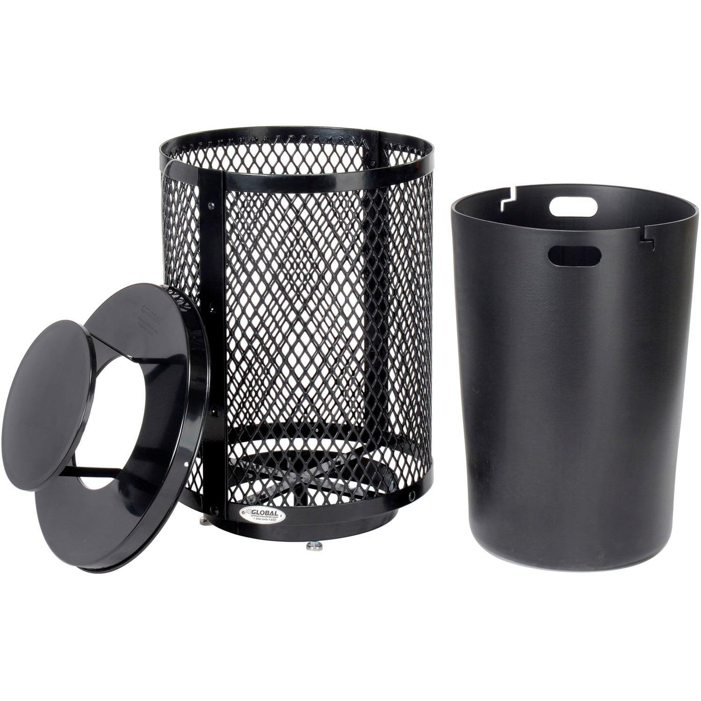 Global Industrial Outdoor Diamond Steel Trash Can with Rain Bonnet Lid, Raised Base and Plastic Liner, 36 Gallon Capacity, Black, Thermoplastic Coating, 23-1/2" Diameter, 43-1/2"H