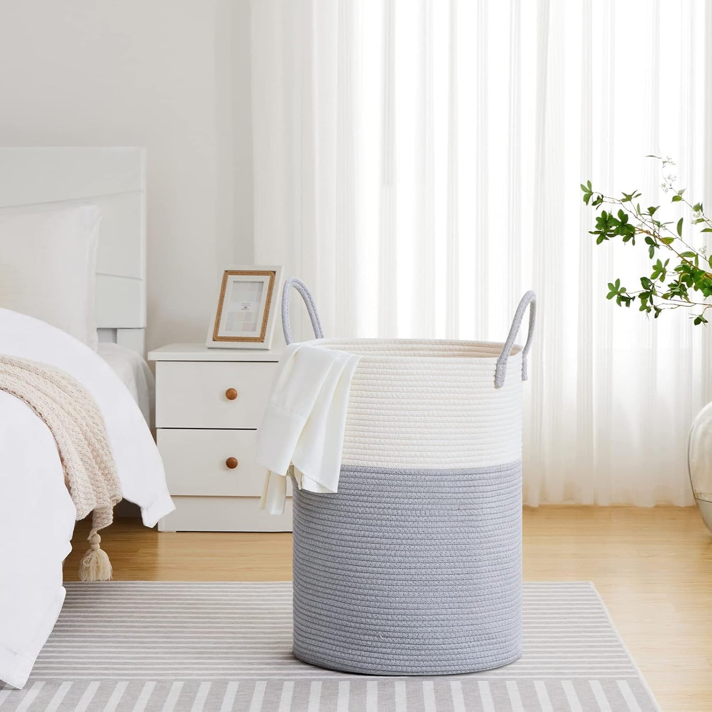 VIPOSCO Large Laundry Hamper, Tall Woven Rope Storage Basket for Blanket, Toys, Dirty Clothes in Living Room, Bathroom, Bedroom - 100L Grey & White