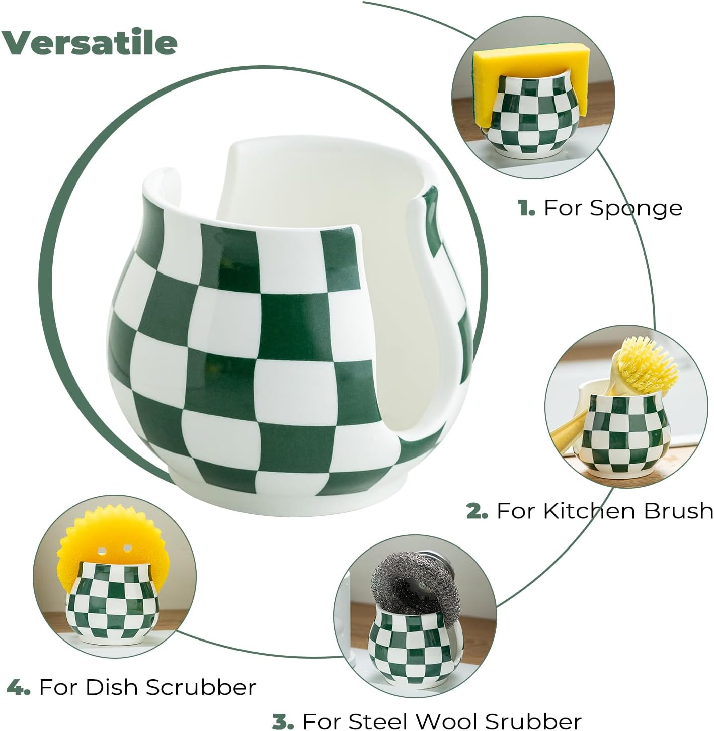 Kitchen Sponge Holder, Ceramic Sponge Organizer Checkered Scrubby Holder Sink Caddy Scrub Dish Rack for Kitchen, Bathroom, Sink Decor, Green and White