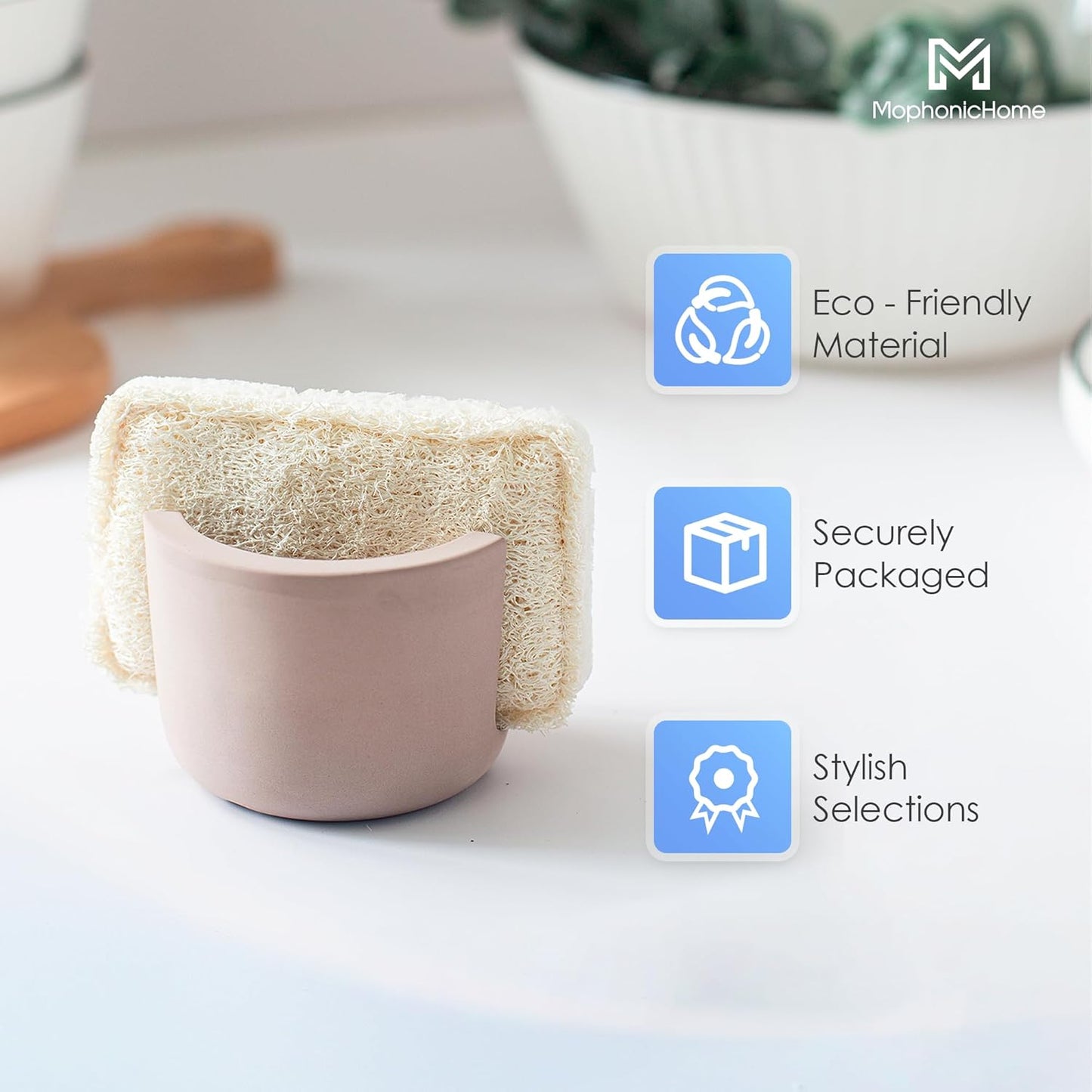 MOPHONICHOME Sponge Holder, Stone Sponge Holder For Kitchen Sink - Diatomite Kitchen Sink Caddy, Quick Dry, Super Absorbent, Modern Design, Brown