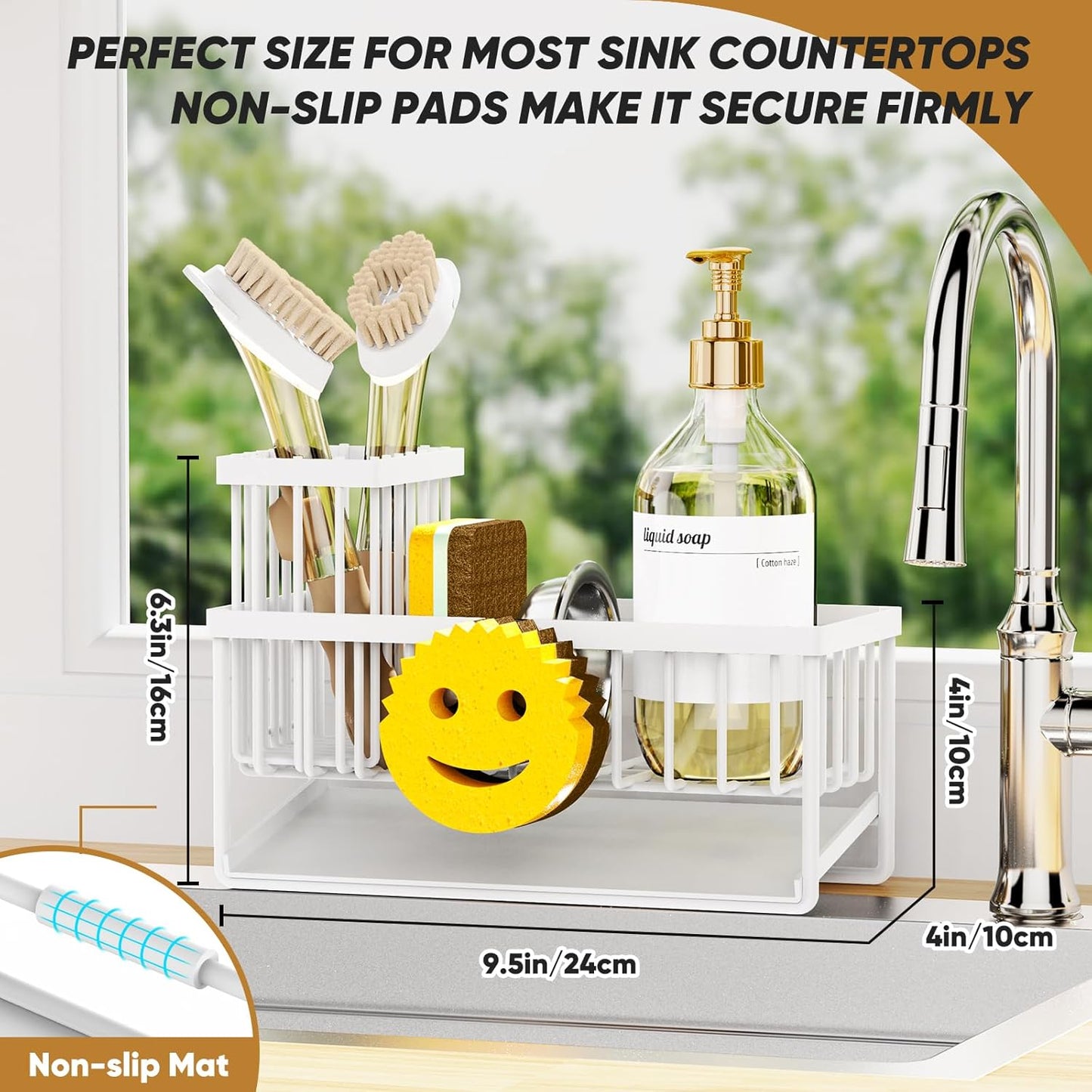 Sponge Holder for Kitchen Sink,Smiley Face Sink Caddy with Removable Brush Holder,Self-Draining Sponge Caddy for Sponge,Soap,Dish Brush,Scrubber,Kitchen Essentials and Gadgets-White