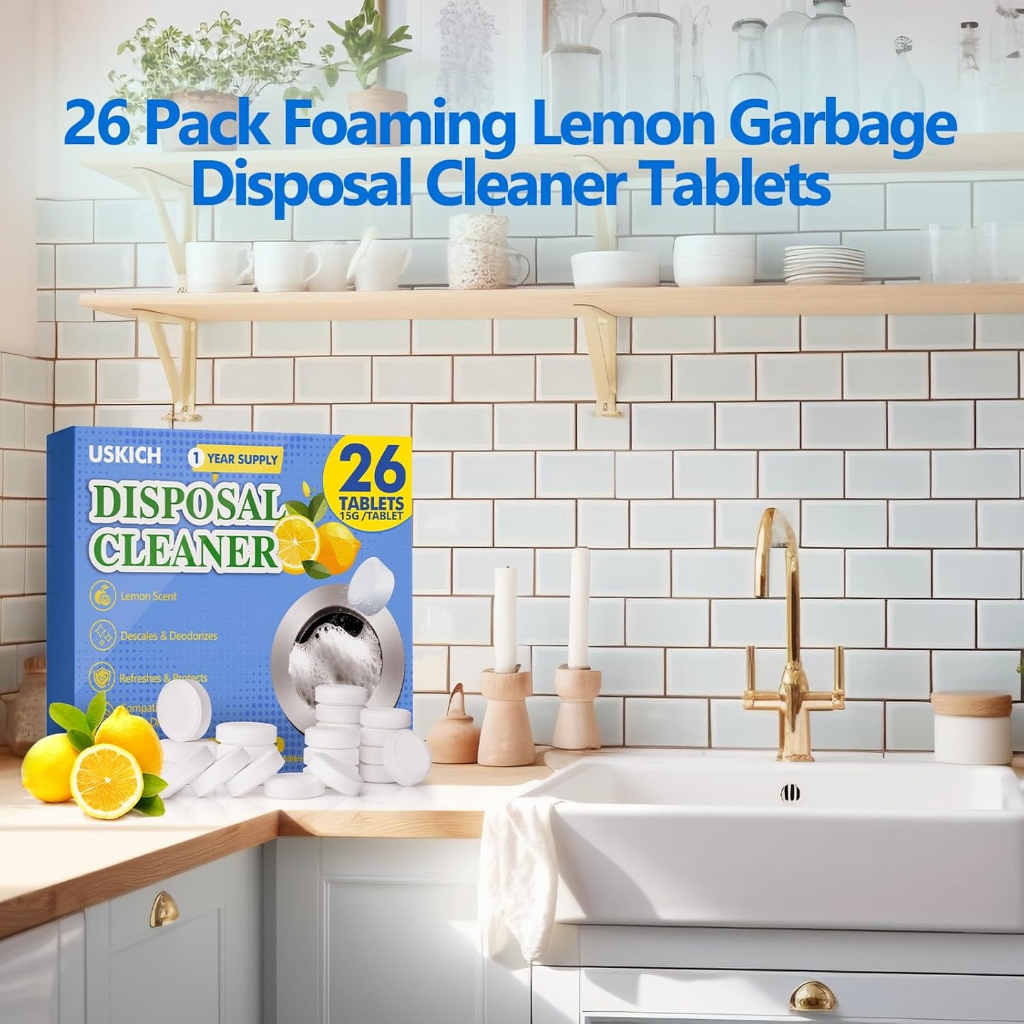Garbage Disposal Cleaner Deodorizer Tablets 26Pack,XL Powerful Foaming Kitchen Sink Cleaners- Fresh Lemon Scented Disposal Cleaner, Natural Drain Garbage Disposer Cleaning- 1 Year Supply