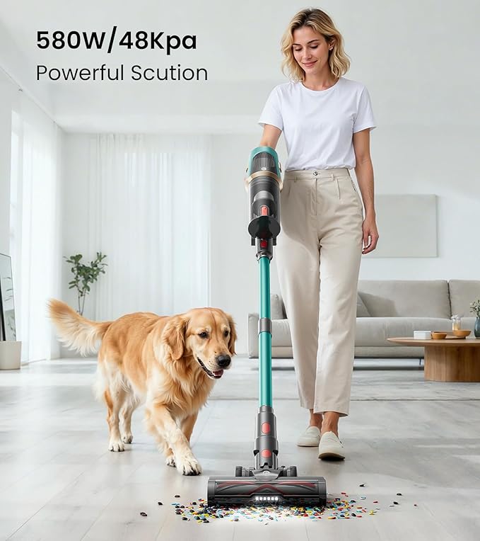 Cordless Vacuum Cleaner, Upgraded 580W 48KPA 65Mins Vacuum Cleaners for Home, Cordless Stick Vacuum Cleaner with Self-Standing and LED Screen, Anti-Tangle Wireless Vacuum for Pet Hair/Carpets/Floors